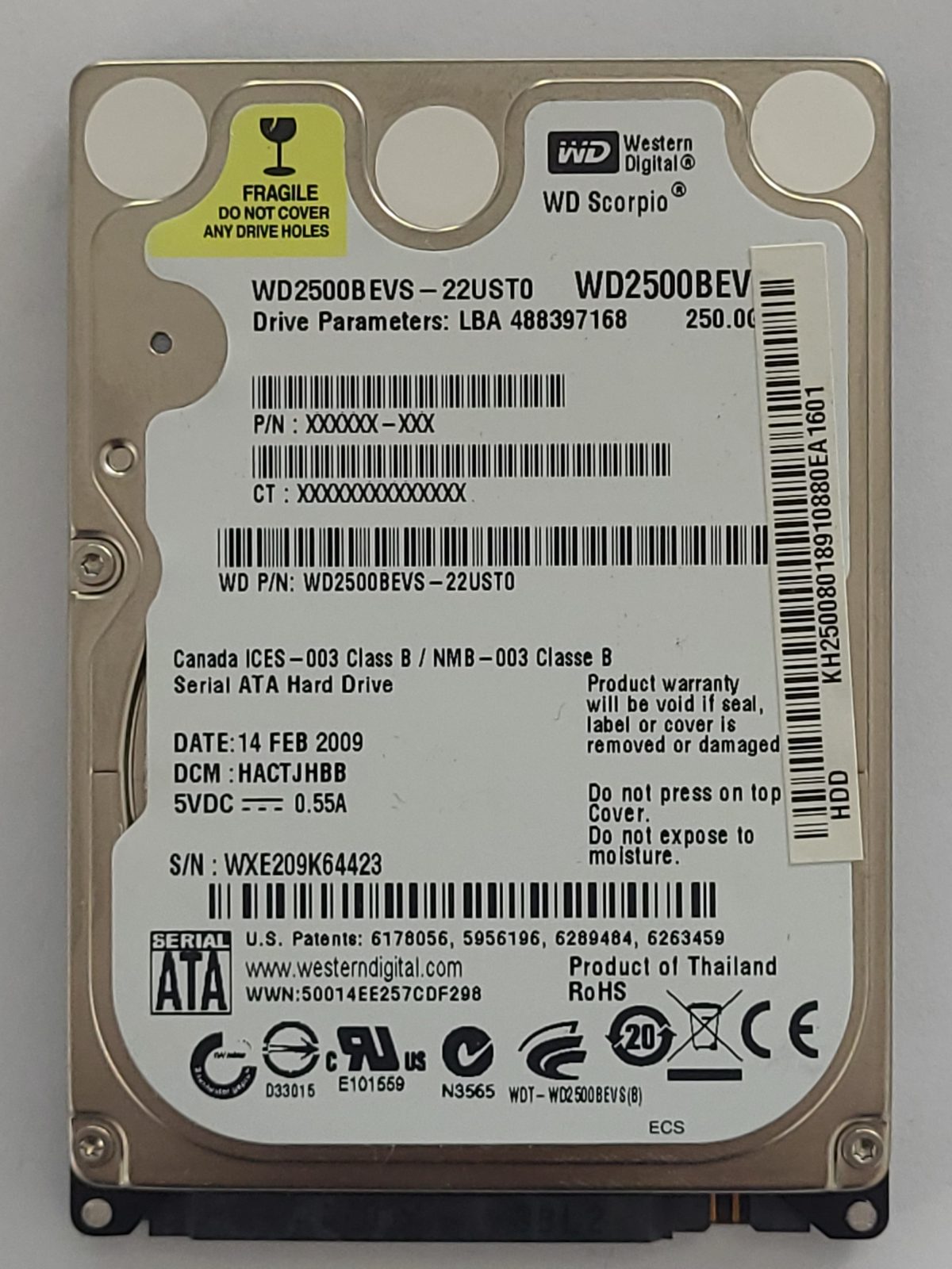 WD2500BEVS-22UST0, DCM: HACTJHBB, 14 FEB 2009 | WD 250Go 2,5" SATA HDD STK