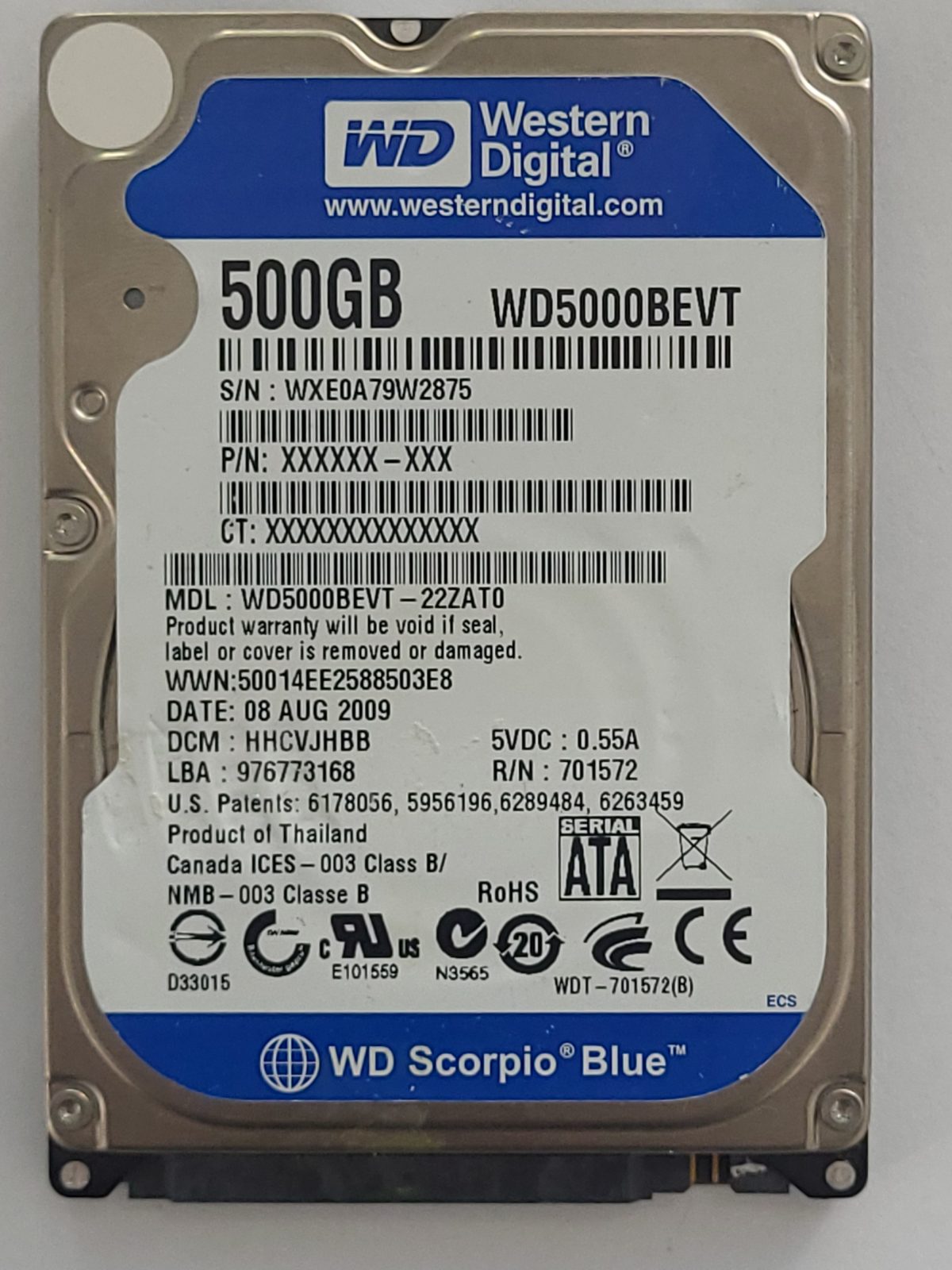 WD5000BEVT-22ZAT0, DCM: HHCVJHBB, 08 AUG 2009 | WD 500Go 2,5" SATA HDD STK