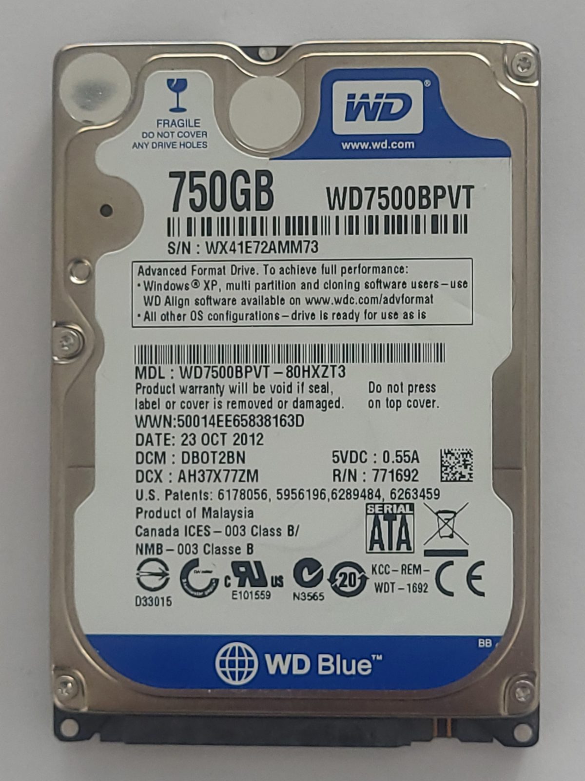 WD7500BPVT-80HXZT3, DCM: DBOT2BN, 23 OCT 2012 | WD 750Go 2,5" SATA HDD STK