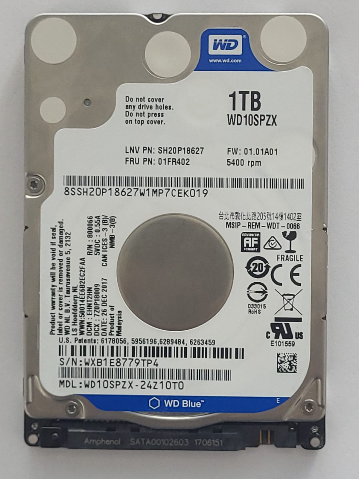 WD10SPZX-24Z10T0, DCM: EHNT2HN, 26 DEC 2017 | WD 1To 2,5" SATA HDD STK