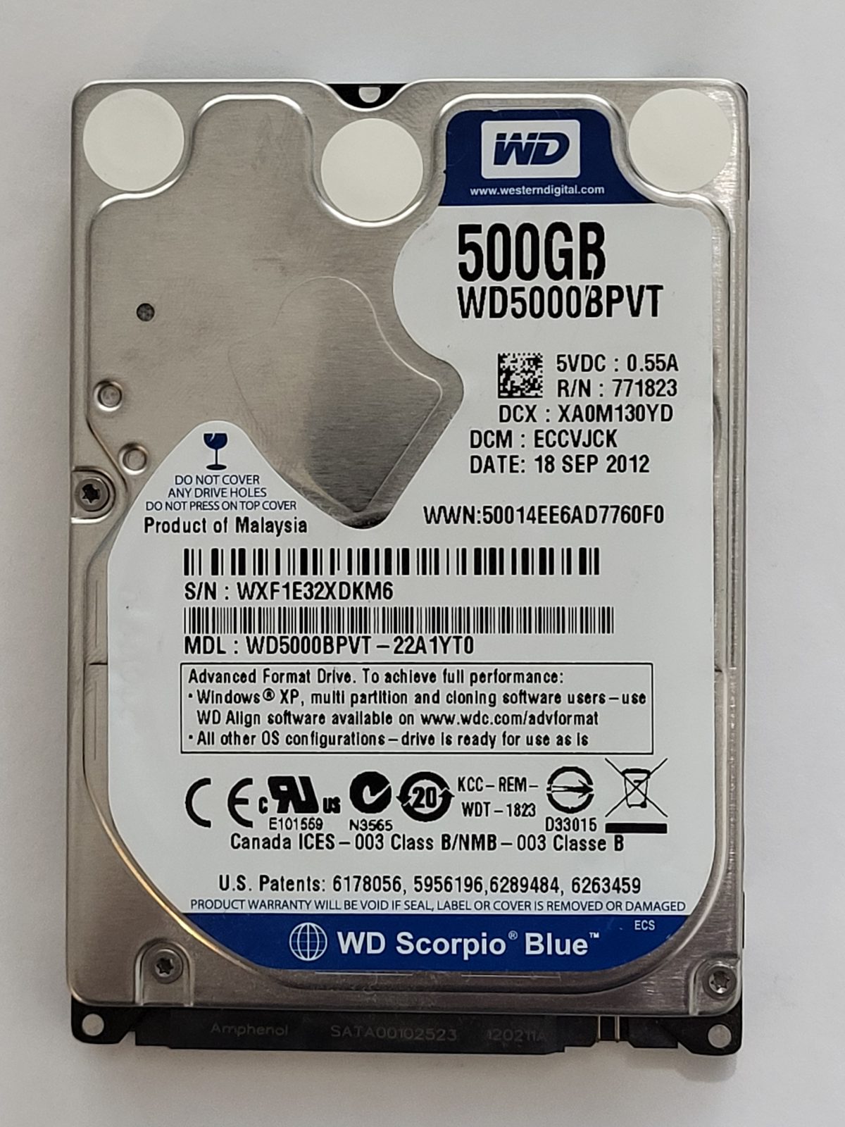 WD5000BPVT-22A1YT0, DCM: ECCVJCK, 18 SEP 2012 | WD 500Go 2,5" SATA HDD STK