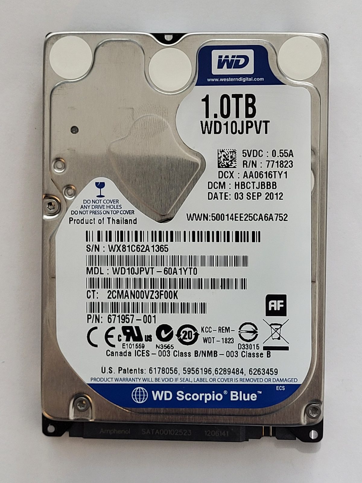 WD10JPVT-60A1YT0, DCM: HBCTJBBB, 03 SEP 2012 | WD 1To 2,5" SATA HDD STK