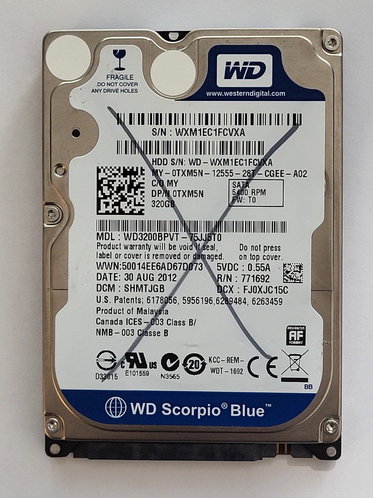 WD3200BPVT-75JJ5T0, DCM: SHMTJGB, 30 AUG 2012 | WD 320Go 2,5" SATA HDD STK