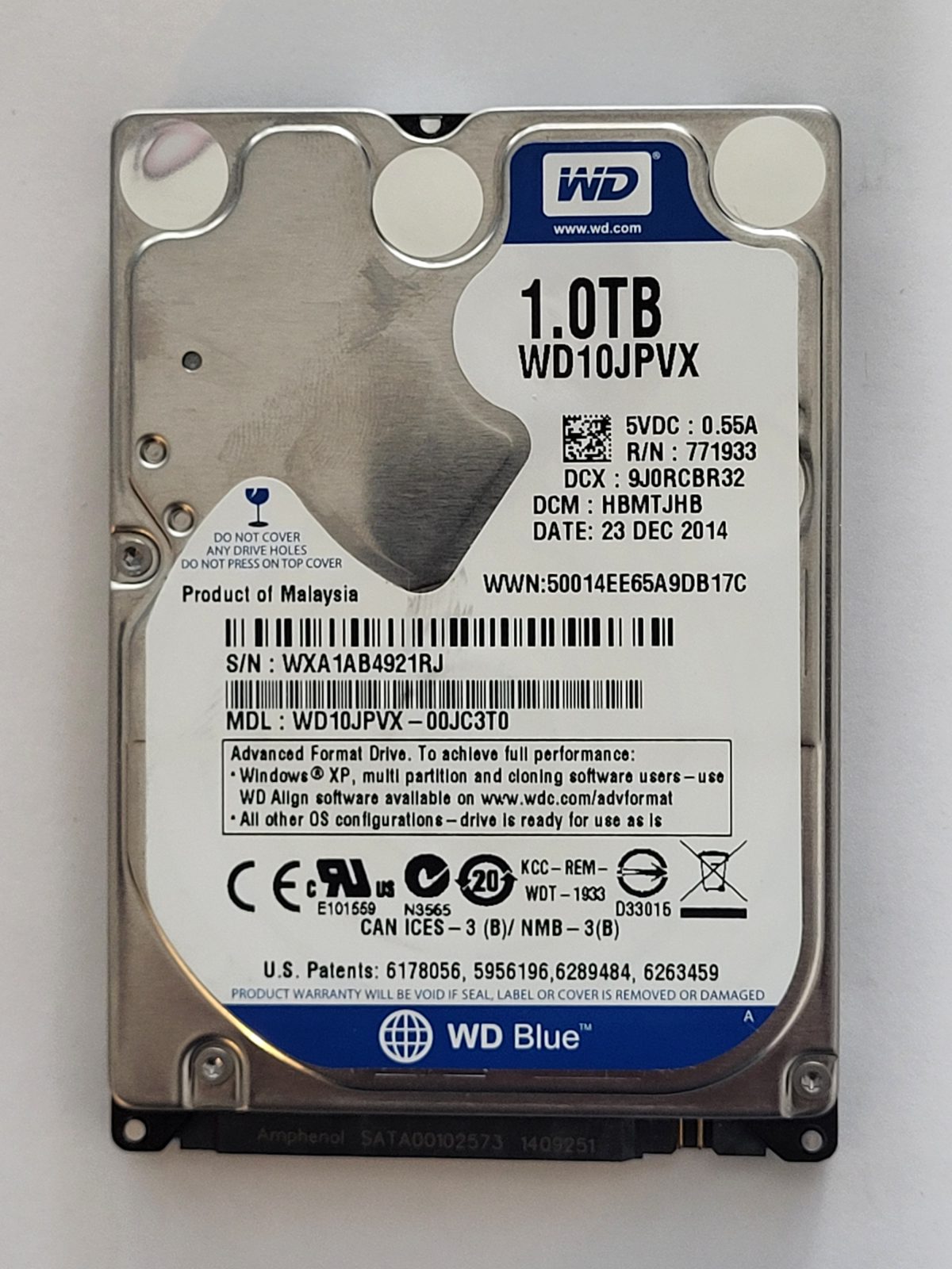 WD10JPVX-00JC3T0, DCM: HBMTJHB, 23 DEC 2014 | WD 1To 2,5" SATA HDD STK