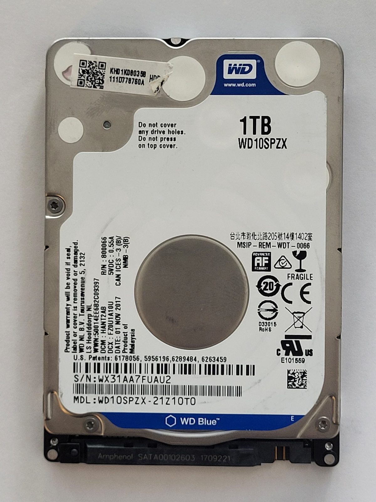 WD10SPZX-21Z10T0, DCM: HANT2AB, 01 NOV 2017 | WD 1To 2,5" SATA HDD STK
