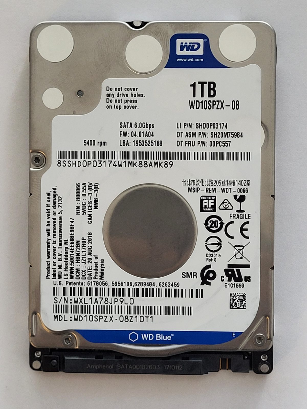 WD10SPZX-08Z10T1, DCM: HBN72BN, 20 AUG 2018 | WD 1To 2,5" SATA HDD STK