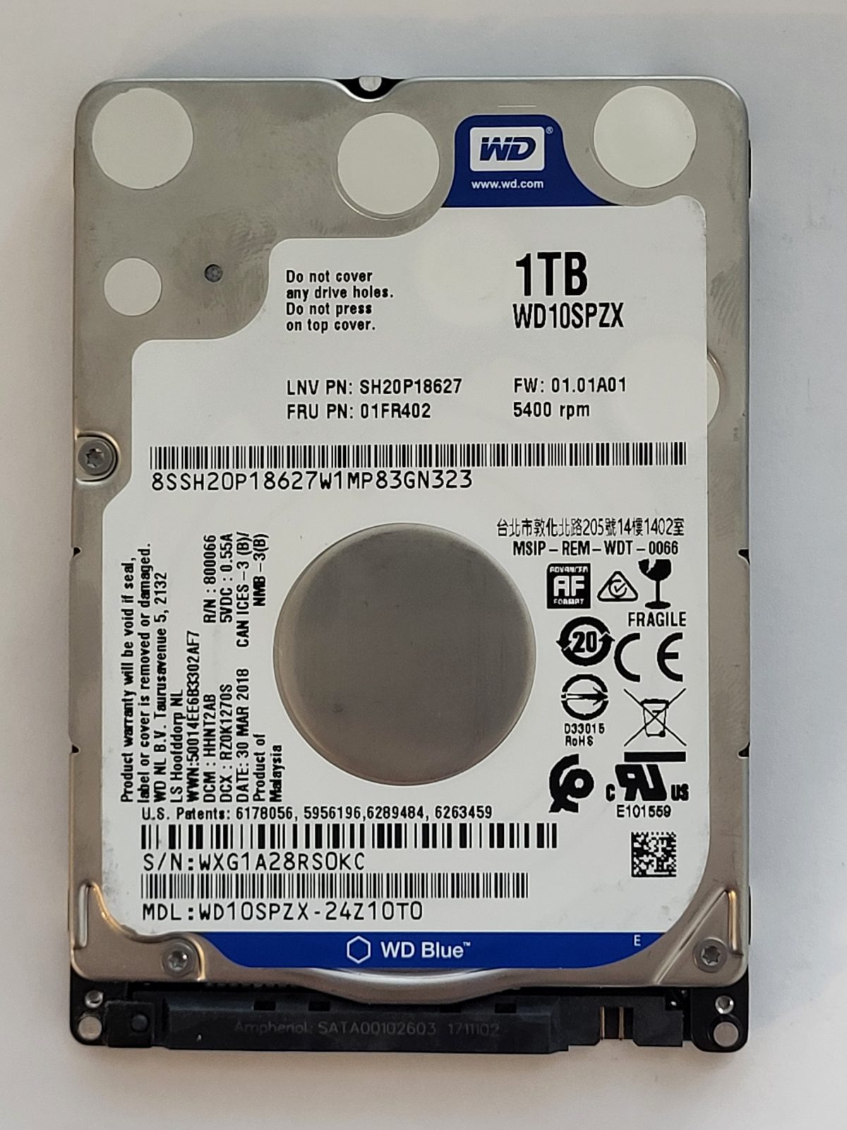 WD10SPZX-24Z10T0, DCM: HHNT2AB, 30 MAR 2018 | WD 1To 2,5" SATA HDD STK