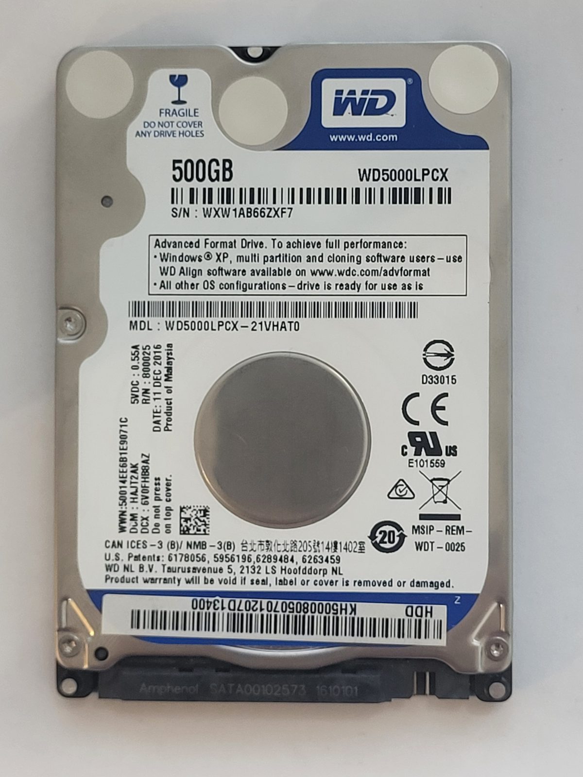 WD5000LPCX-21VHAT0, DCM: HAJT2AK, 11 DEC 2016 | WD 500Go 2,5" SATA HDD STK