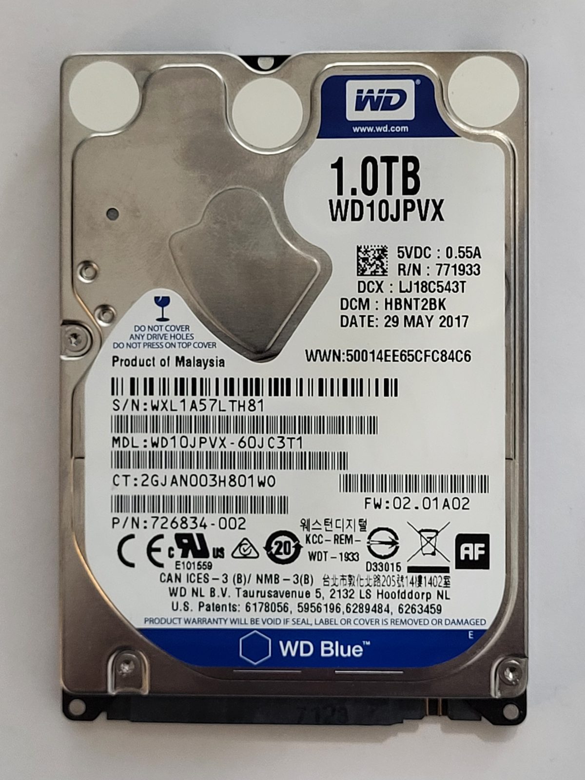 WD10JPVX-60JC3T1, DCM: HBNT2BK, 29 MAY 2017 | WD 1To 2,5" SATA HDD STK