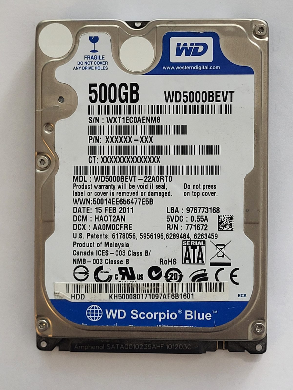 WD5000BEVT-22A0RT0, DCM: HA0T2AN, 15 FEB 2011 | WD 500Go 2,5" SATA HDD STK