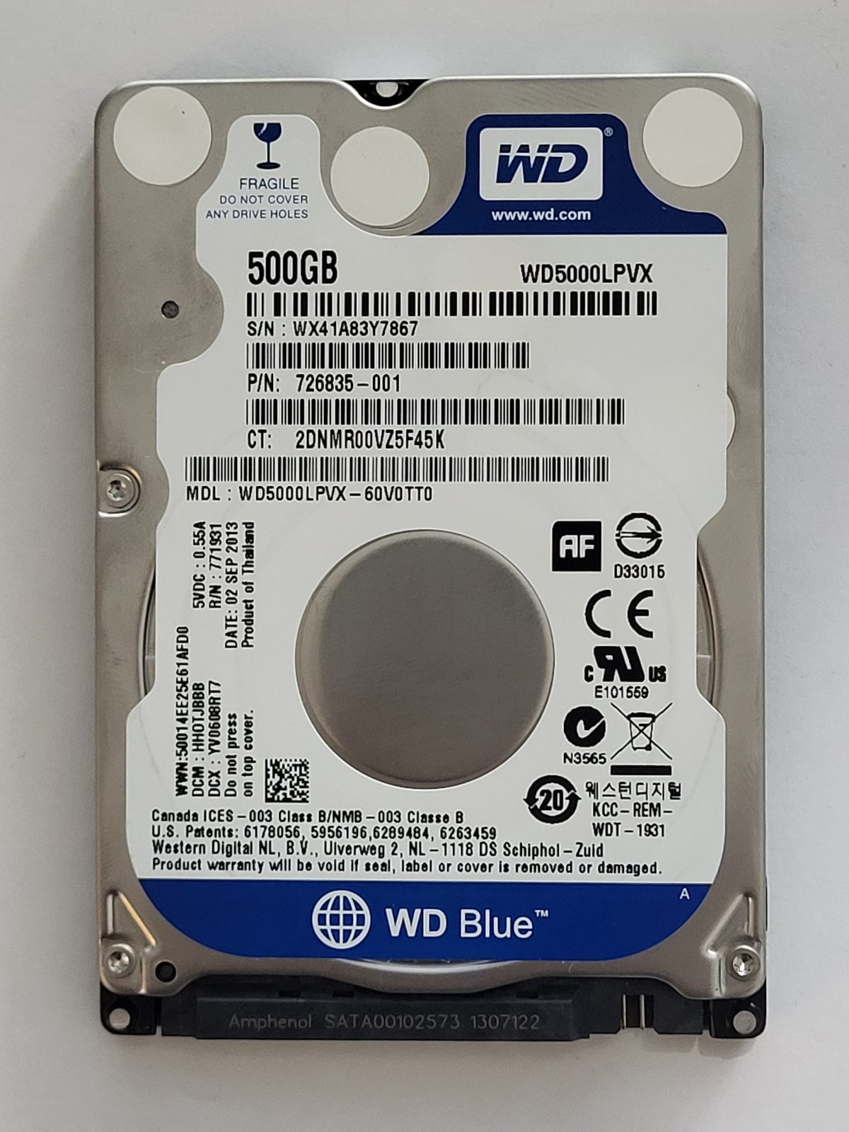 WD5000LPVX-60V0TT0, DCM: HH0TJBBB, 02 SEP 2013 | WD 500Go 2,5" SATA HDD STK