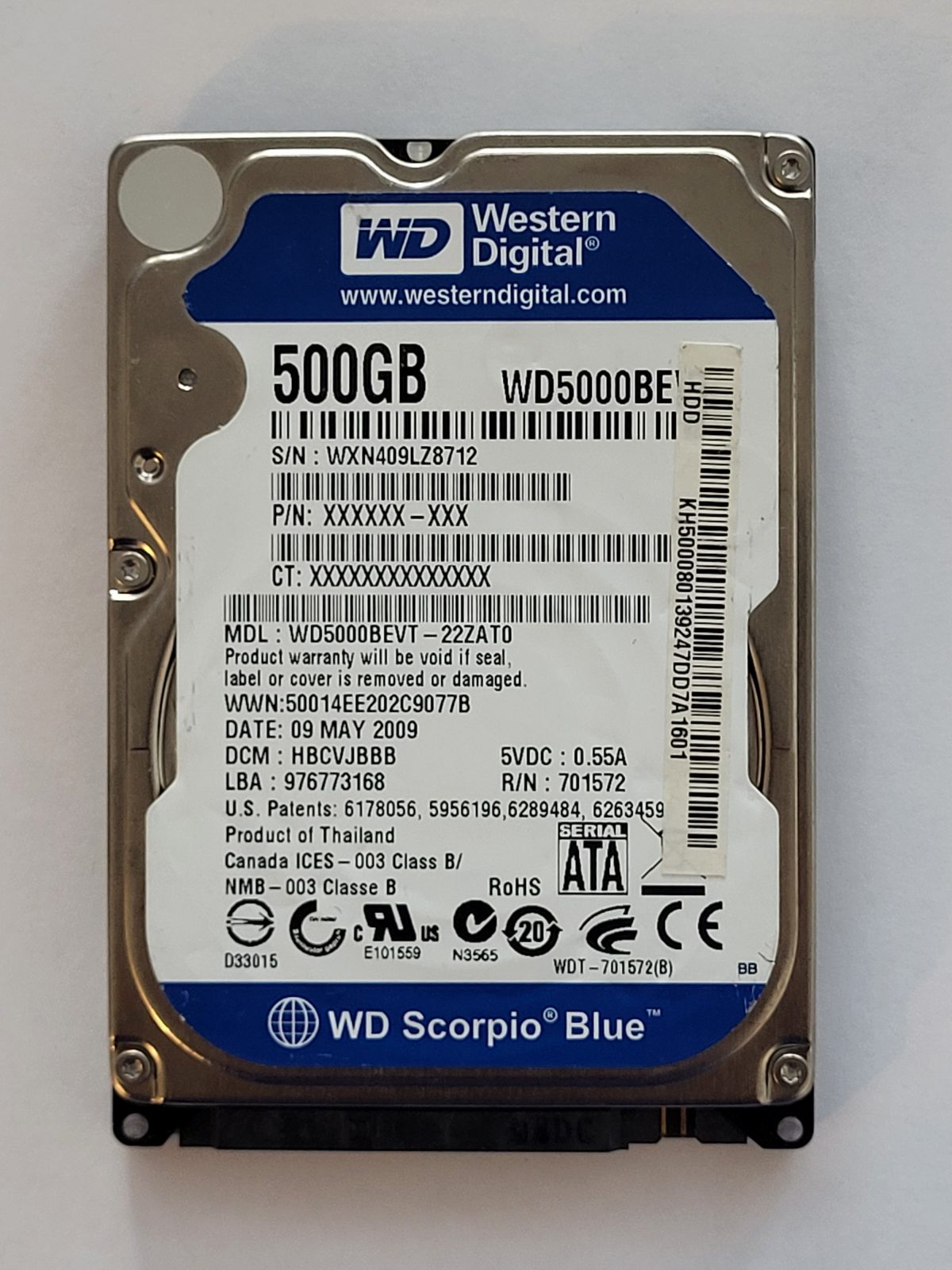 WD5000BEVT-22ZAT0, DCM: HBCVJBBB, 09 MAY 2009 | WD 500Go 2,5" SATA HDD STK