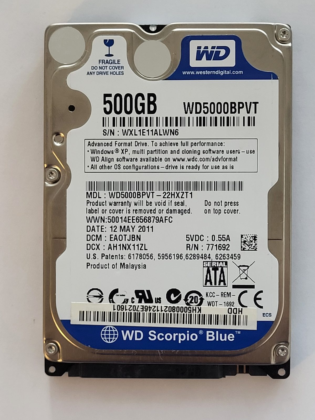WD5000BPVT-22HXZT1, DCM: EA0TJBN, 12 MAY 2011 | WD 500Go 2,5" SATA HDD STK