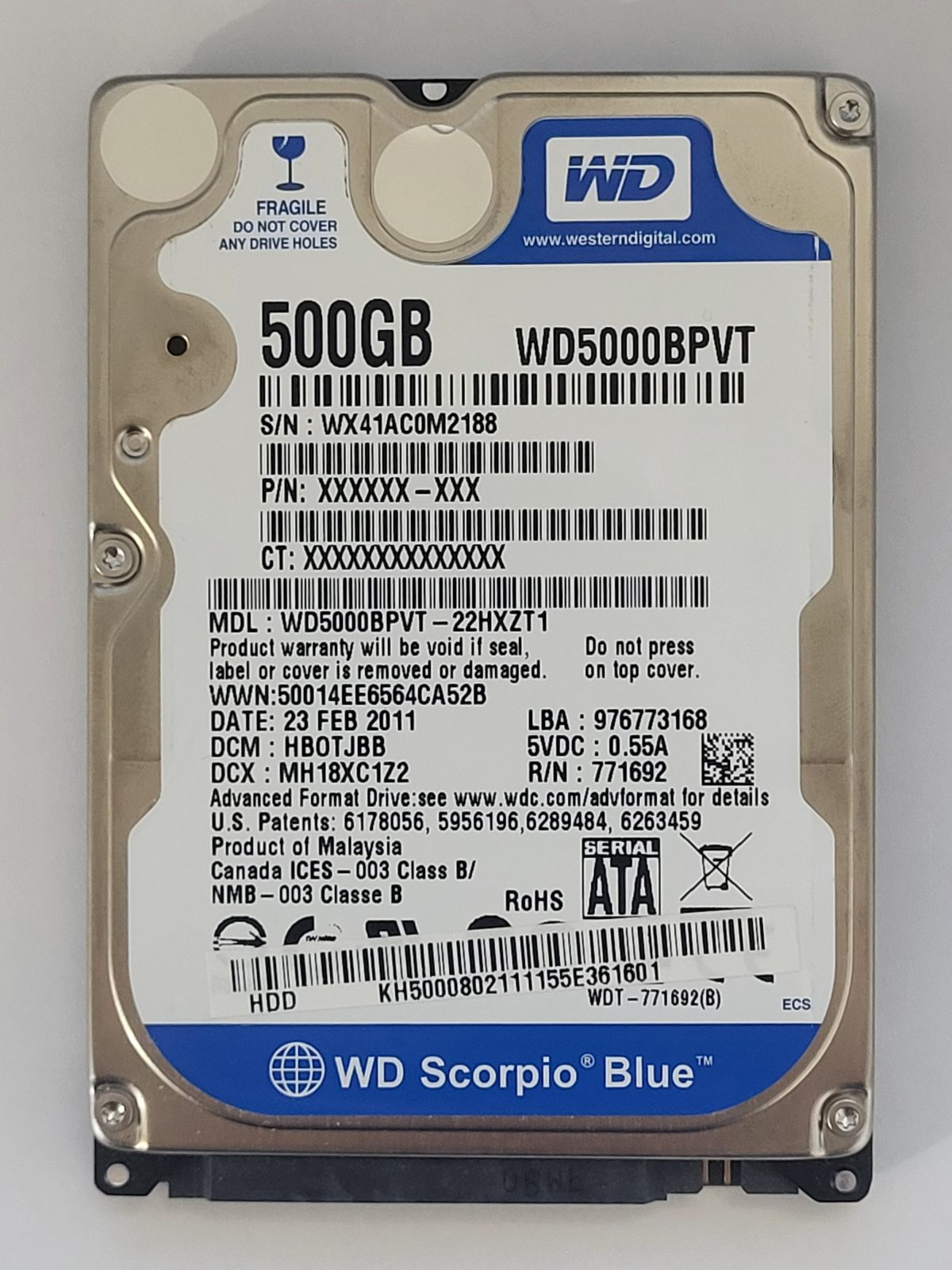 WD5000BPVT-22HXZT1, DCM: HBOTJBB, 23 FEB 2011 | WD 500Go 2,5" SATA HDD STK