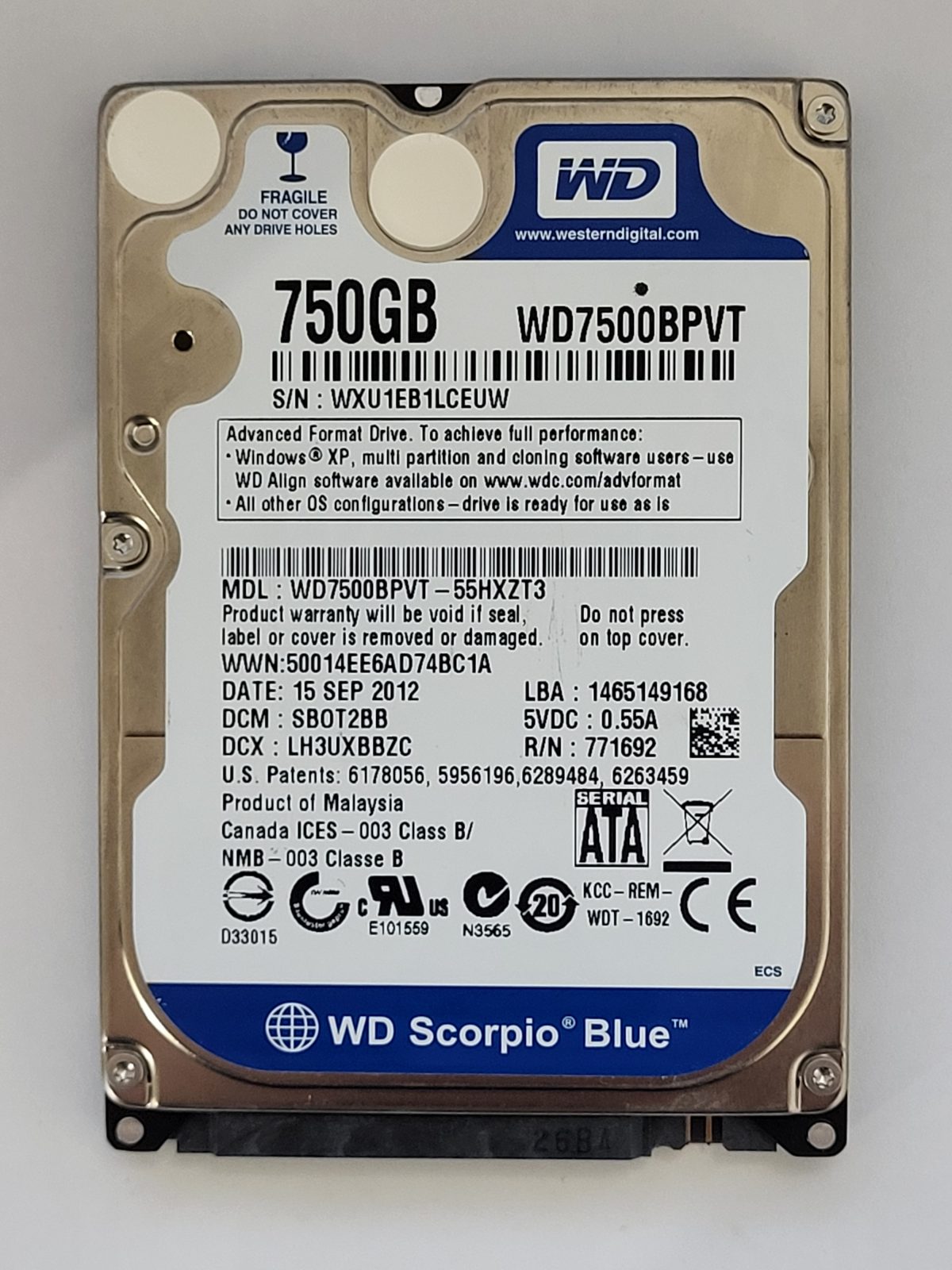 WD7500BPVT-55HXZT3, DCM: SBOT2BB, 15 SEP 2012 | WD 750Go 2,5" SATA HDD STK