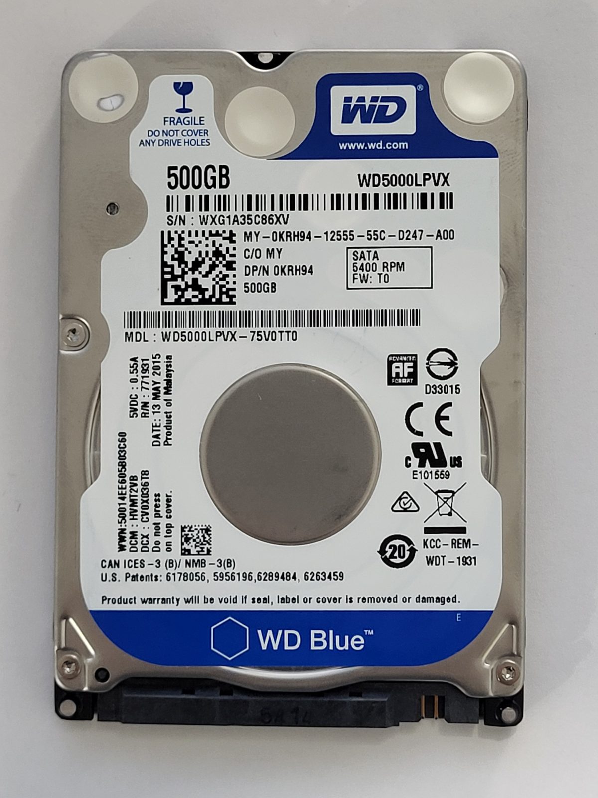 WD5000LPVX-75V0TT0, DCM: HVMT2VB, 13 MAY 2015 | WD 500Go 2,5" SATA HDD STK