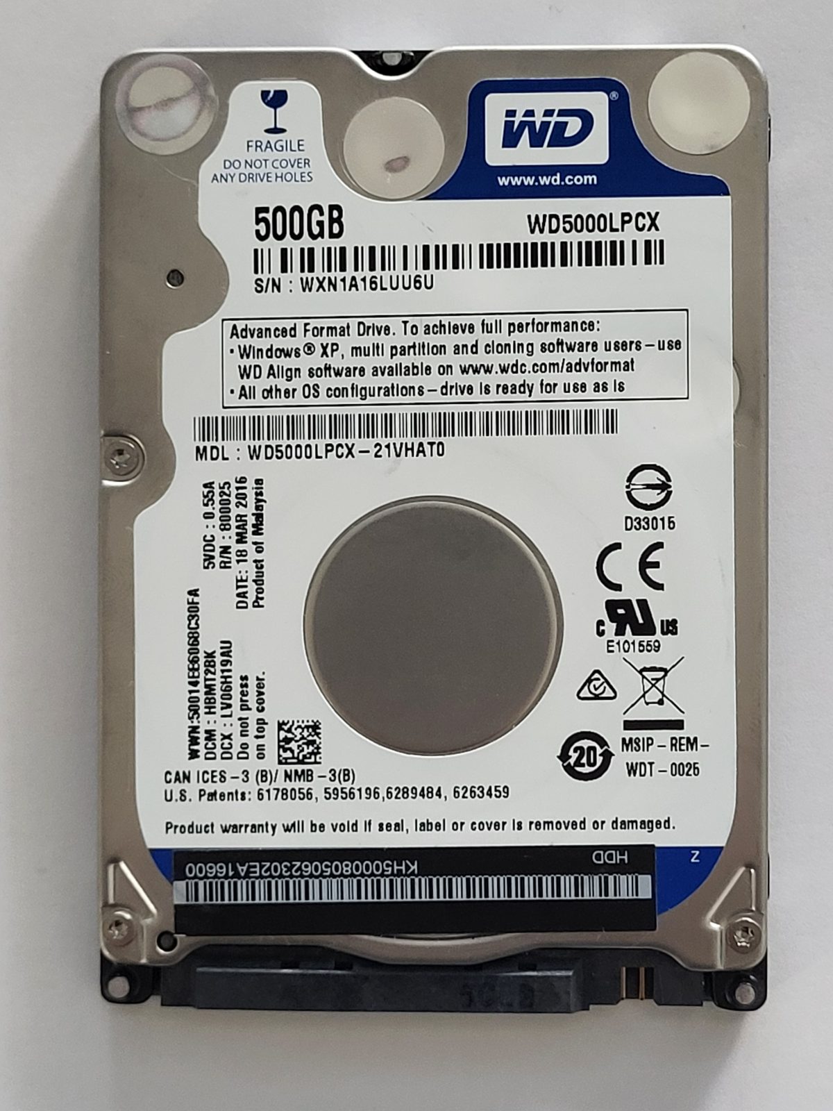 WD5000LPCX-21VHAT0, DCM: HBMT2BK, 18 MAR 2016 | WD 500Go 2,5" SATA HDD STK