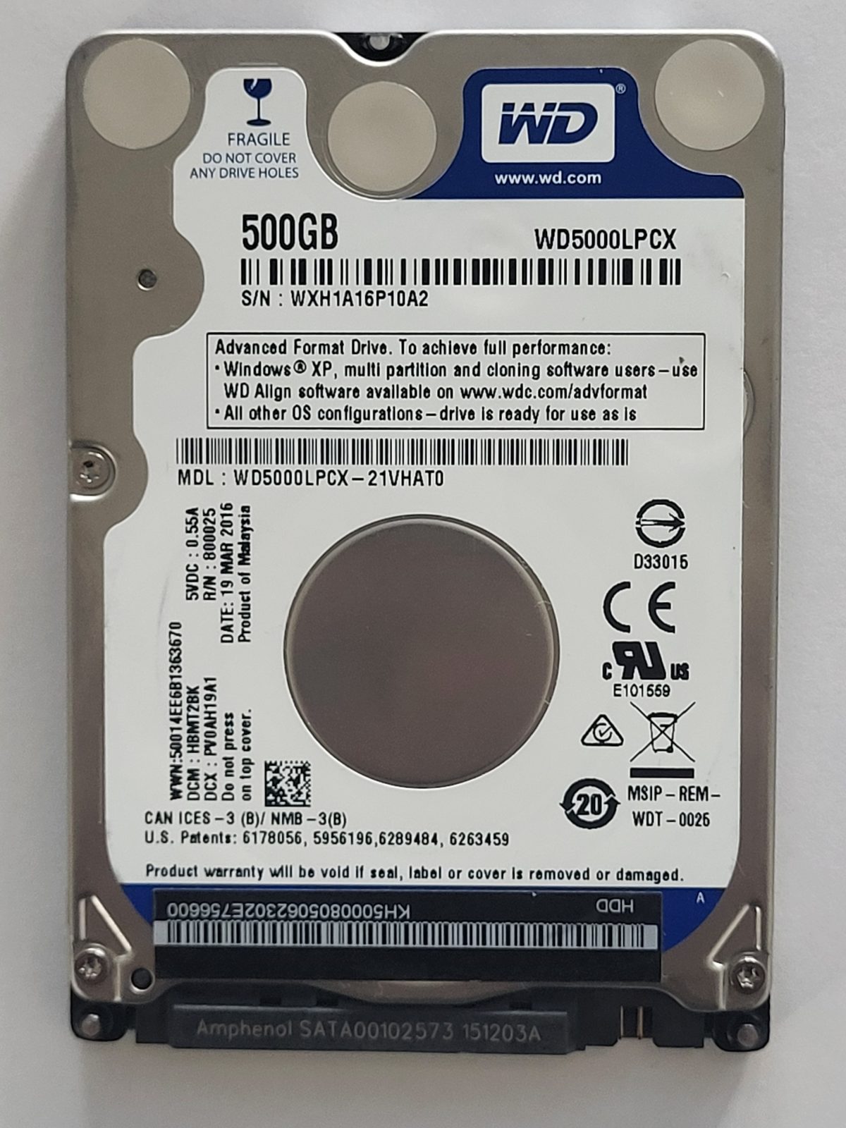 WD5000LPCX-21VHAT0, DCM: HBMT2BK, 19 MAR 2016 | WD 500Go 2,5" SATA HDD STK