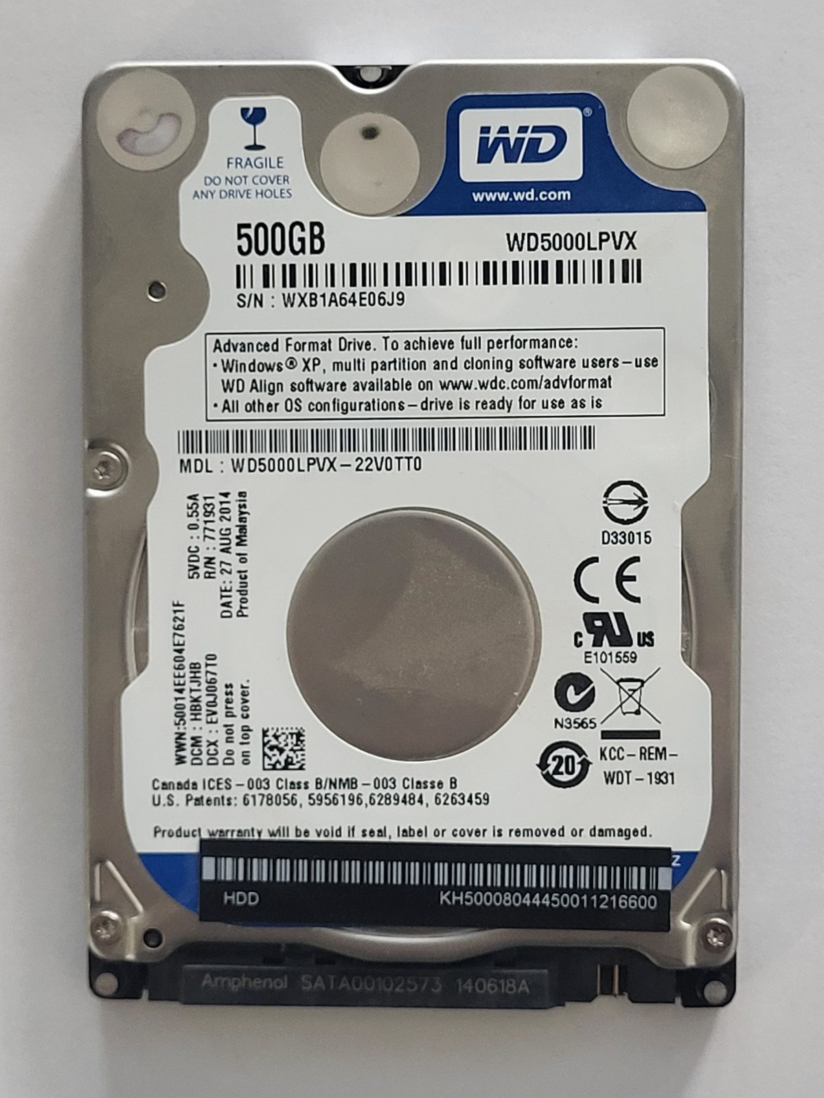 WD5000LPVX-22V0TT0, DCM: HBKTJHB, 27 AUG 2014 | WD 500Go 2,5" SATA HDD STK