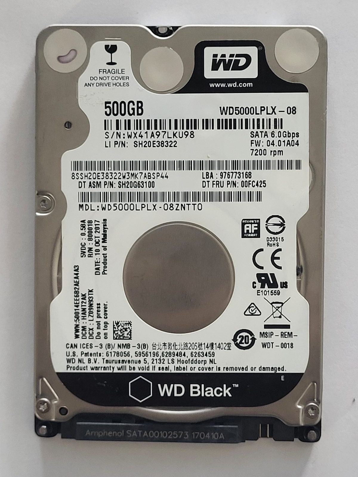 WD5000LPLX-08ZNTT0, DCM: HANT2AK, 10 OCT 2017 | WD 500Go 2,5" SATA HDD STK