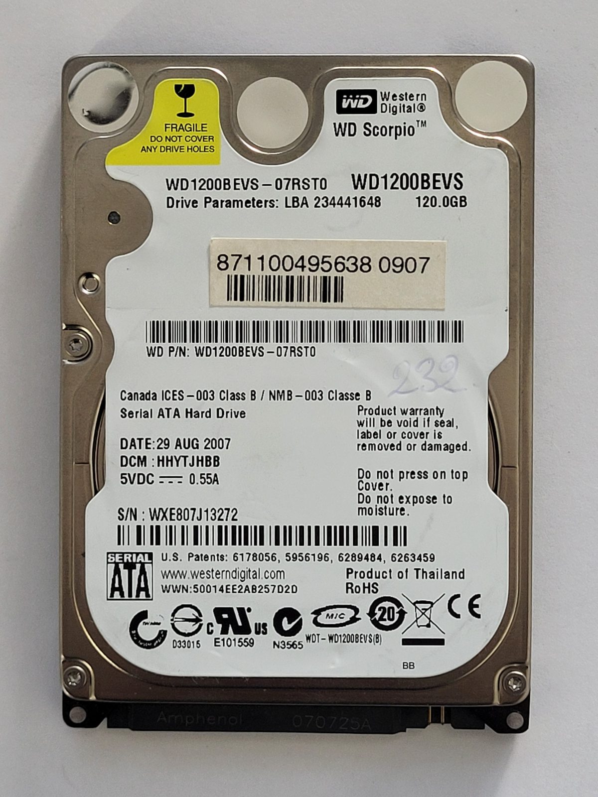 WD1200BEVS-07RST0, DCM: HHYTJHBB, 29 AUG 2007 | WD 120Go 2,5" SATA HDD STK