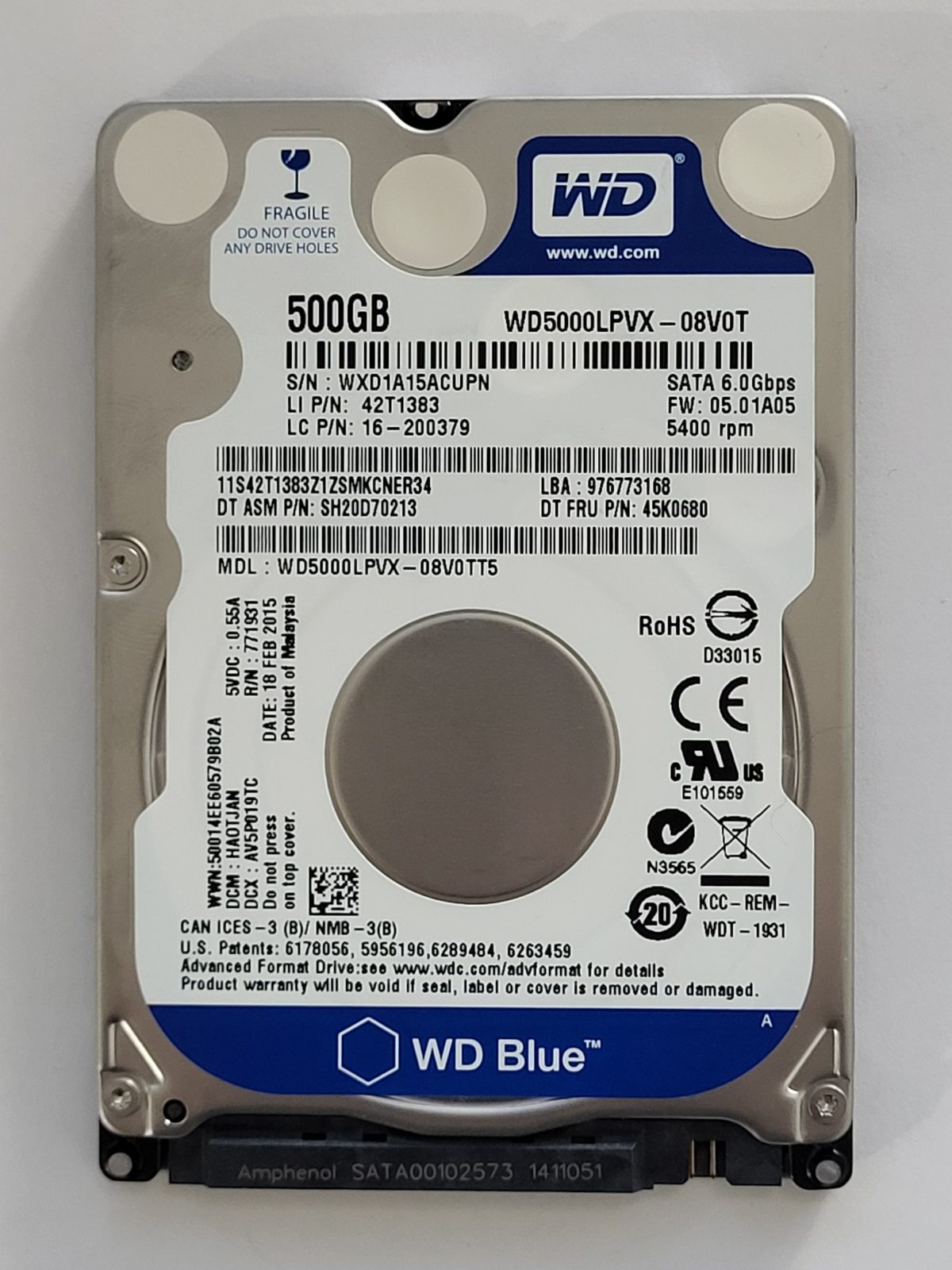 WD5000LPVX-08V0TT5, DCM: HAOTJAN, 18 FEB 2015 | WD 500Go 2,5" SATA HDD STK