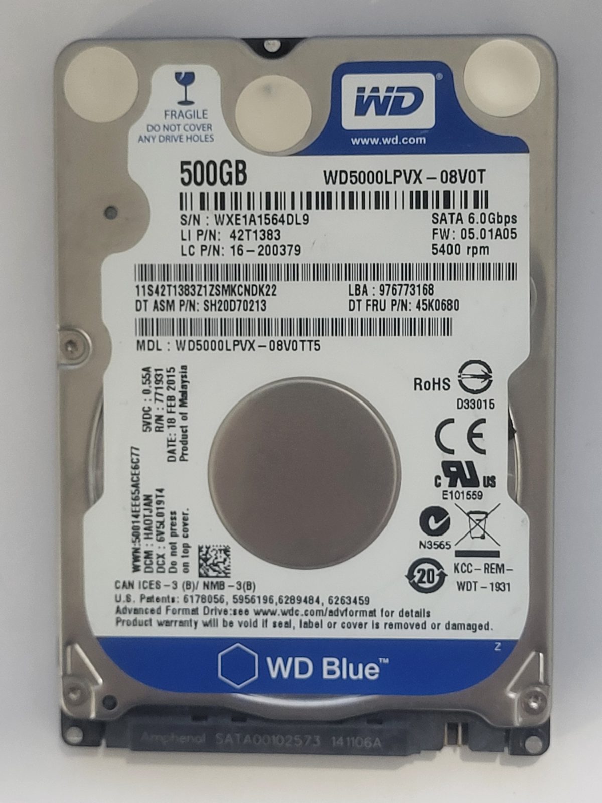 WD5000LPVX-08V0TT5, DCM: HAOTJAN, 18 FEB 2015 | WD 500Go 2,5" SATA HDD STK