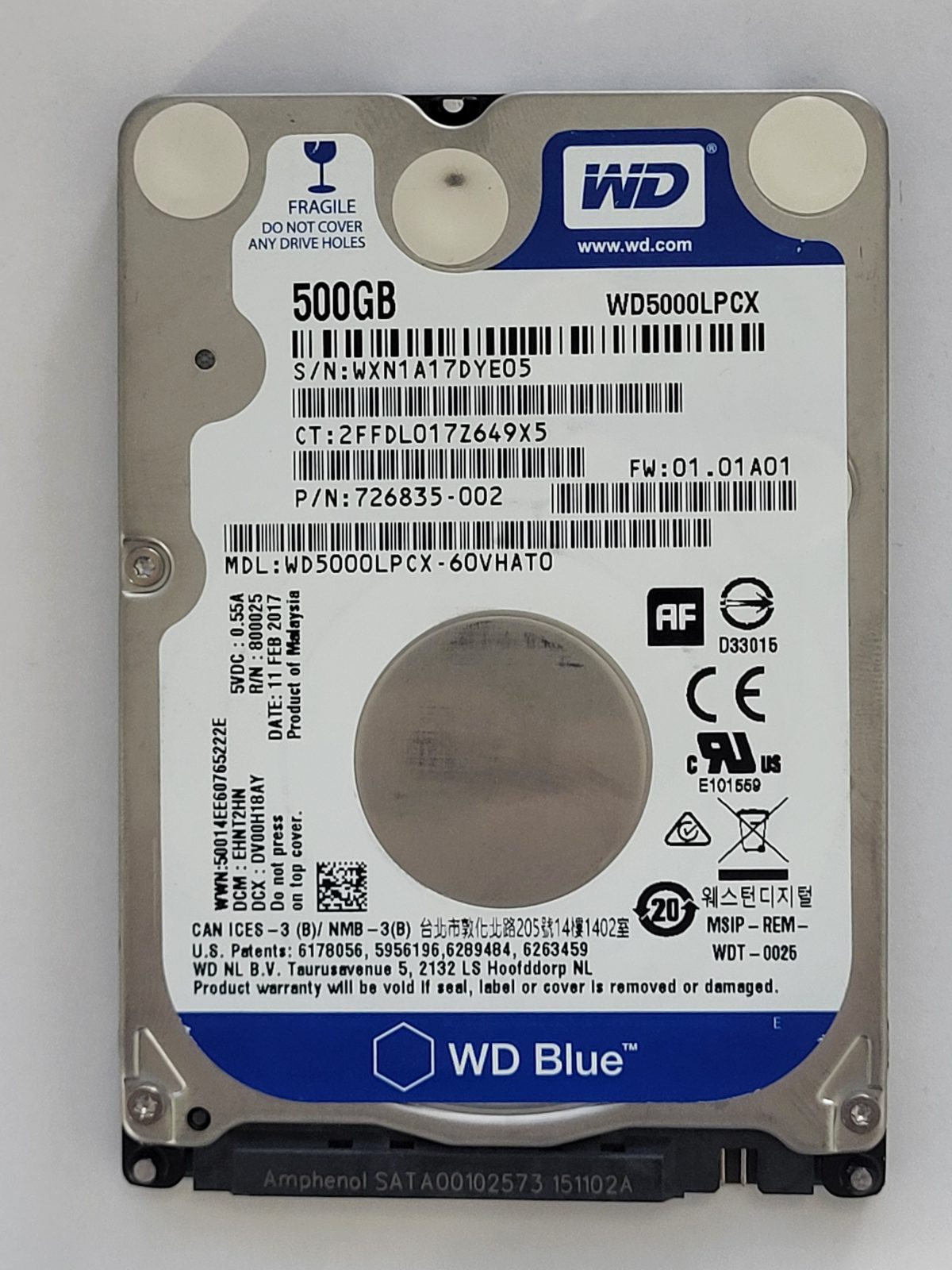 WD5000LPCX-60VHAT0, DCM: EHNT2HN, 11 FEB 2017 | WD 500Go 2,5" SATA HDD STK