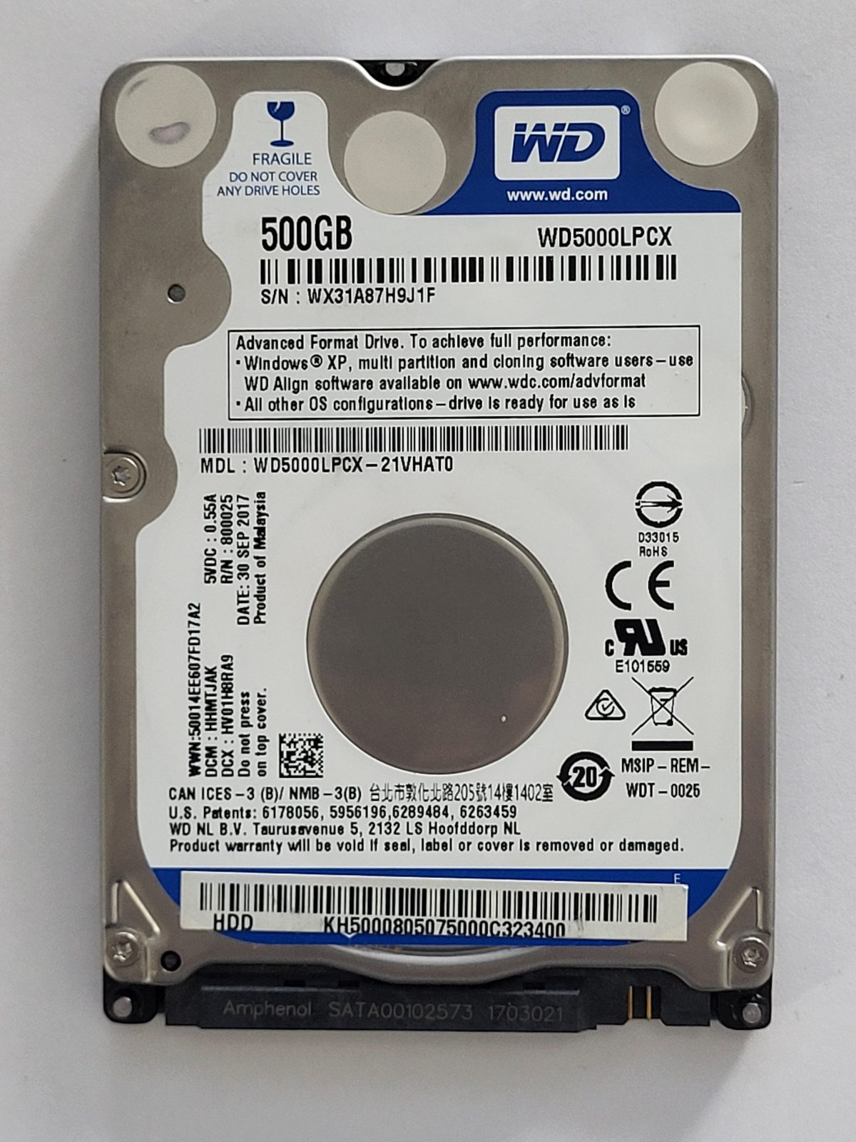 WD5000LPCX-21VHAT0, DCM: HHMTJAK, 30 SEP 2017 | WD 500Go 2,5" SATA HDD STK