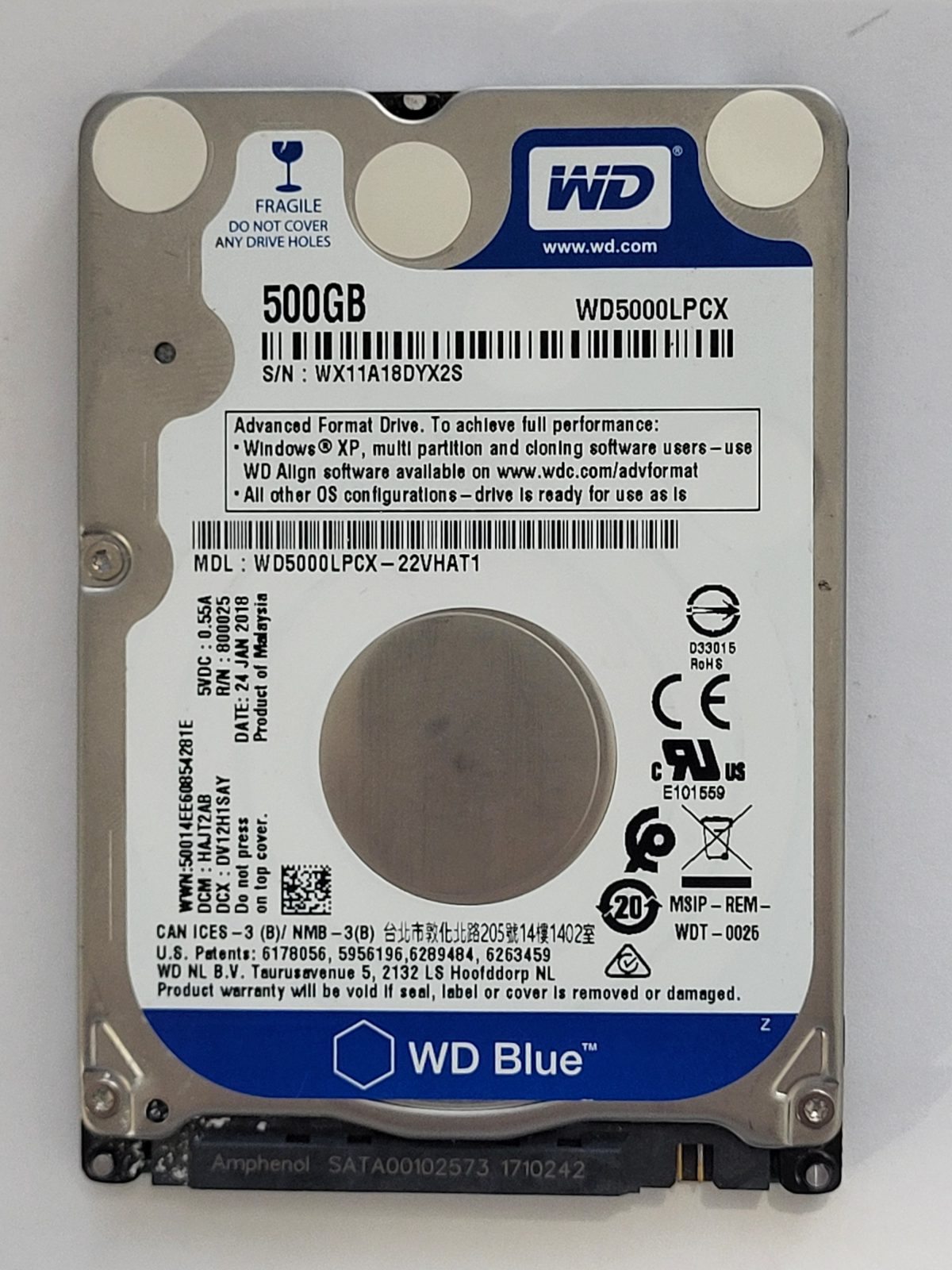 WD5000LPCX-22VHAT1, DCM: HAJT2AB, 24 JAN 2018 | WD 500Go 2,5" SATA HDD STK