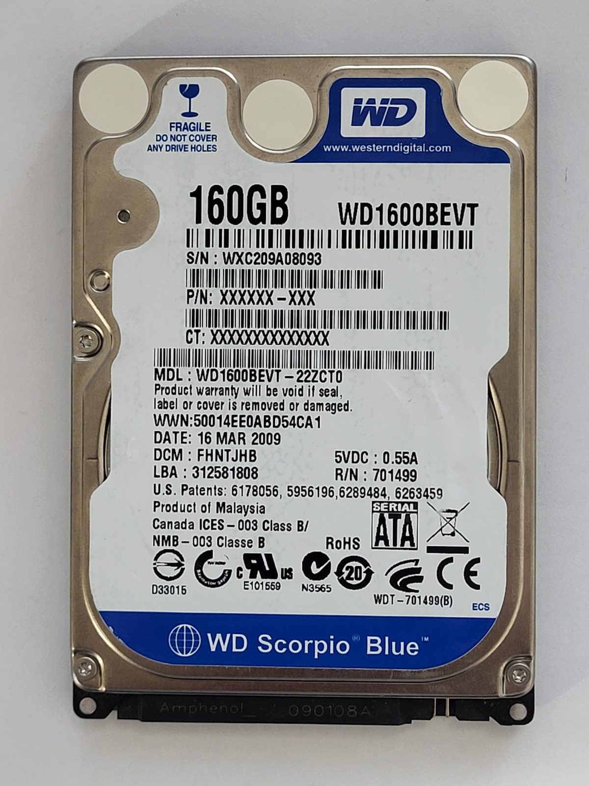 WD1600BEVT-22ZCT0, DCM: FHNTJHB, 16 MAR 2009 | WD 160Go 2,5" SATA HDD STK