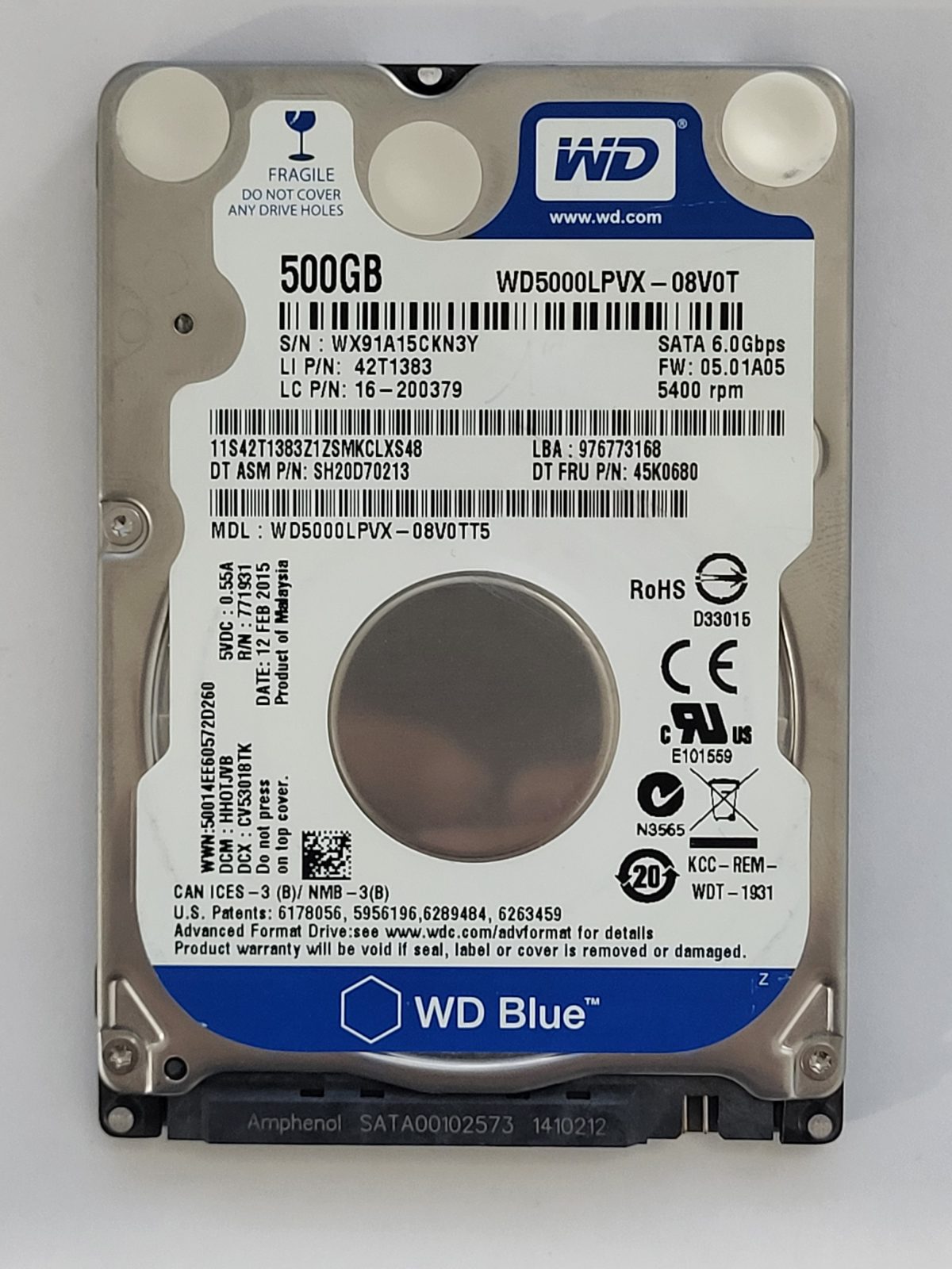 WD5000LPVX-08V0TT5, DCM: HHOTJVB, 12 FEB 2015 | WD 500Go 2,5" SATA HDD STK