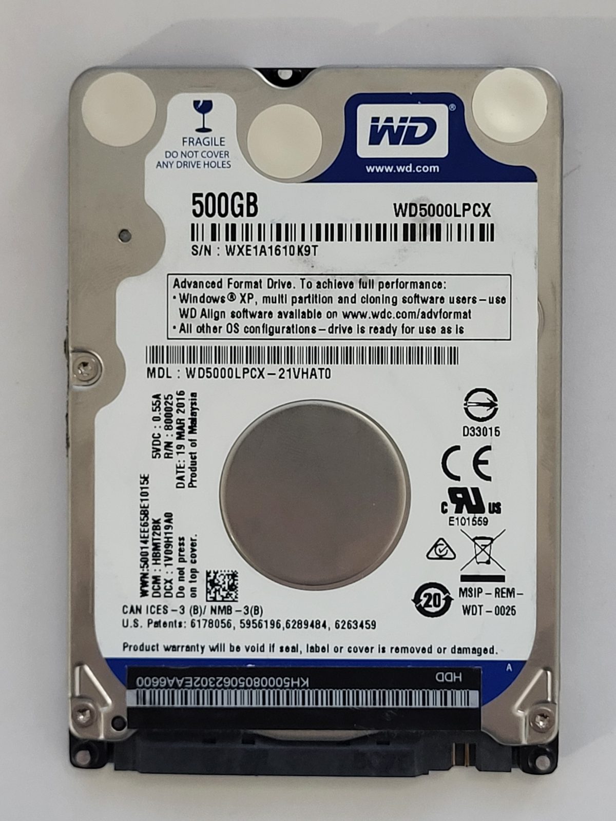 WD5000LPCX-21VHAT0, DCM: HBMT2BK, 19 MAR 2016 | WD 500Go 2,5" SATA HDD STK
