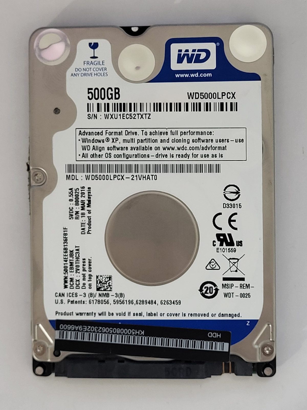 WD5000LPCX-21VHAT0, DCM: EBMTJBK, 18 MAR 2016 | WD 500Go 2,5" SATA HDD STK