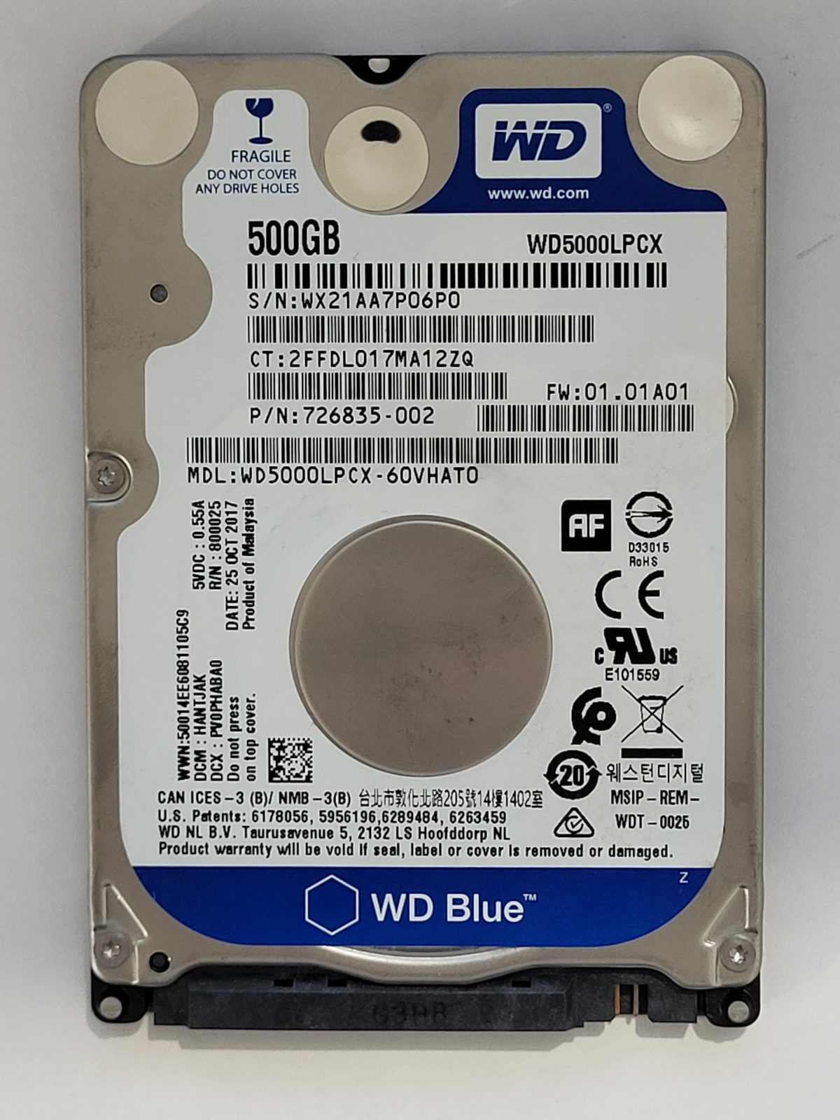 WD5000LPCX-60VHAT0, DCM: HANTJAK, 25 OCT 2017 | WD 500Go 2,5" SATA HDD STK