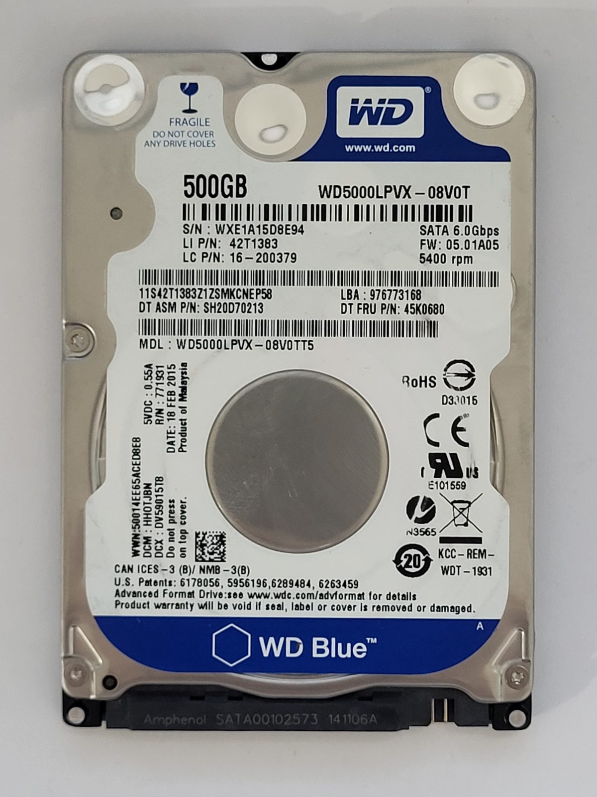 WD5000LPVX-08V0TT5, DCM: HHOTJBN, 18 FEB 2015 | WD 500Go 2,5" SATA HDD STK