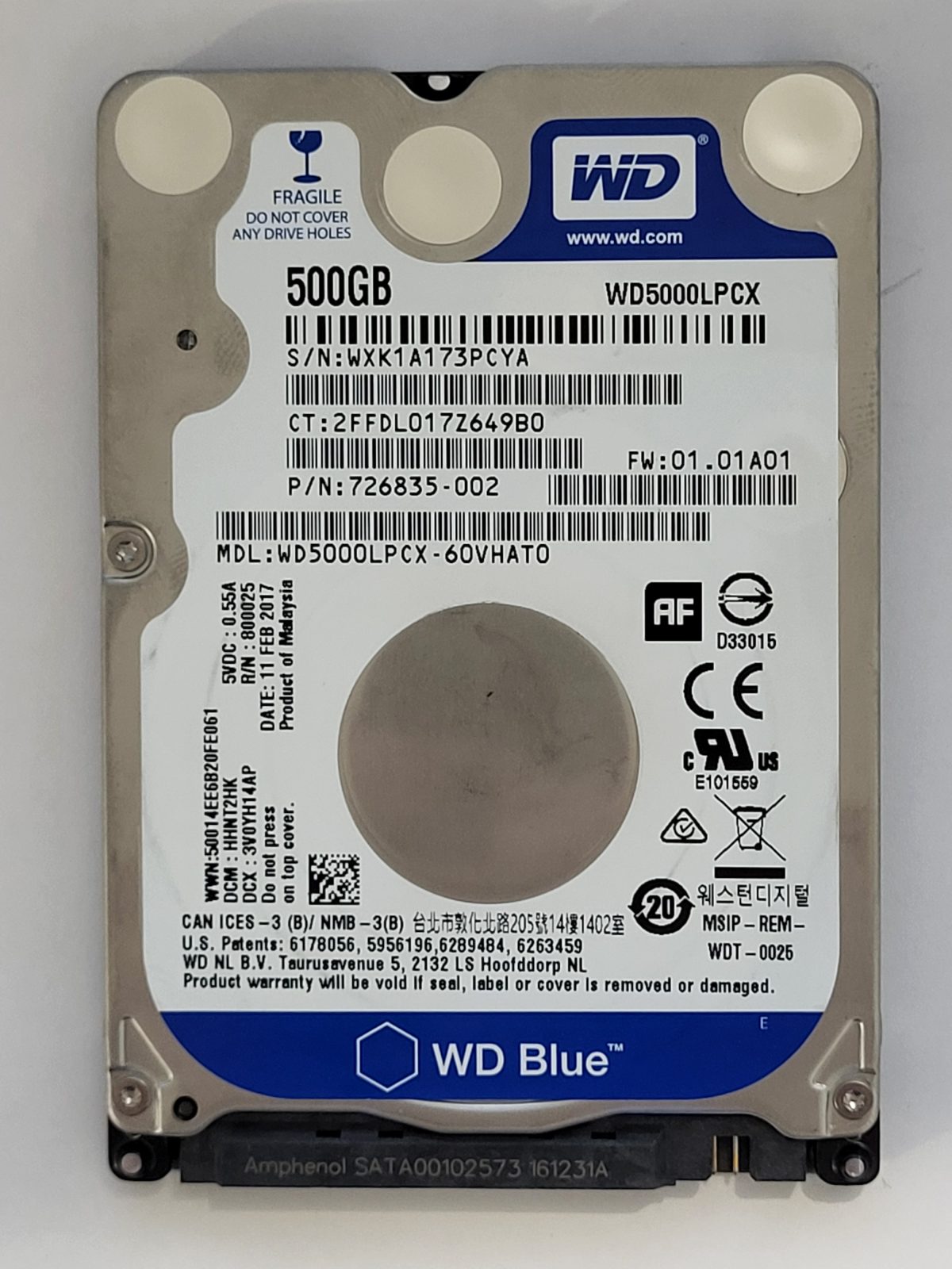 WD5000LPCX-60VHAT0, DCM: HHNT2HK, 11 FEB 2017 | WD 500Go 2,5" SATA HDD STK