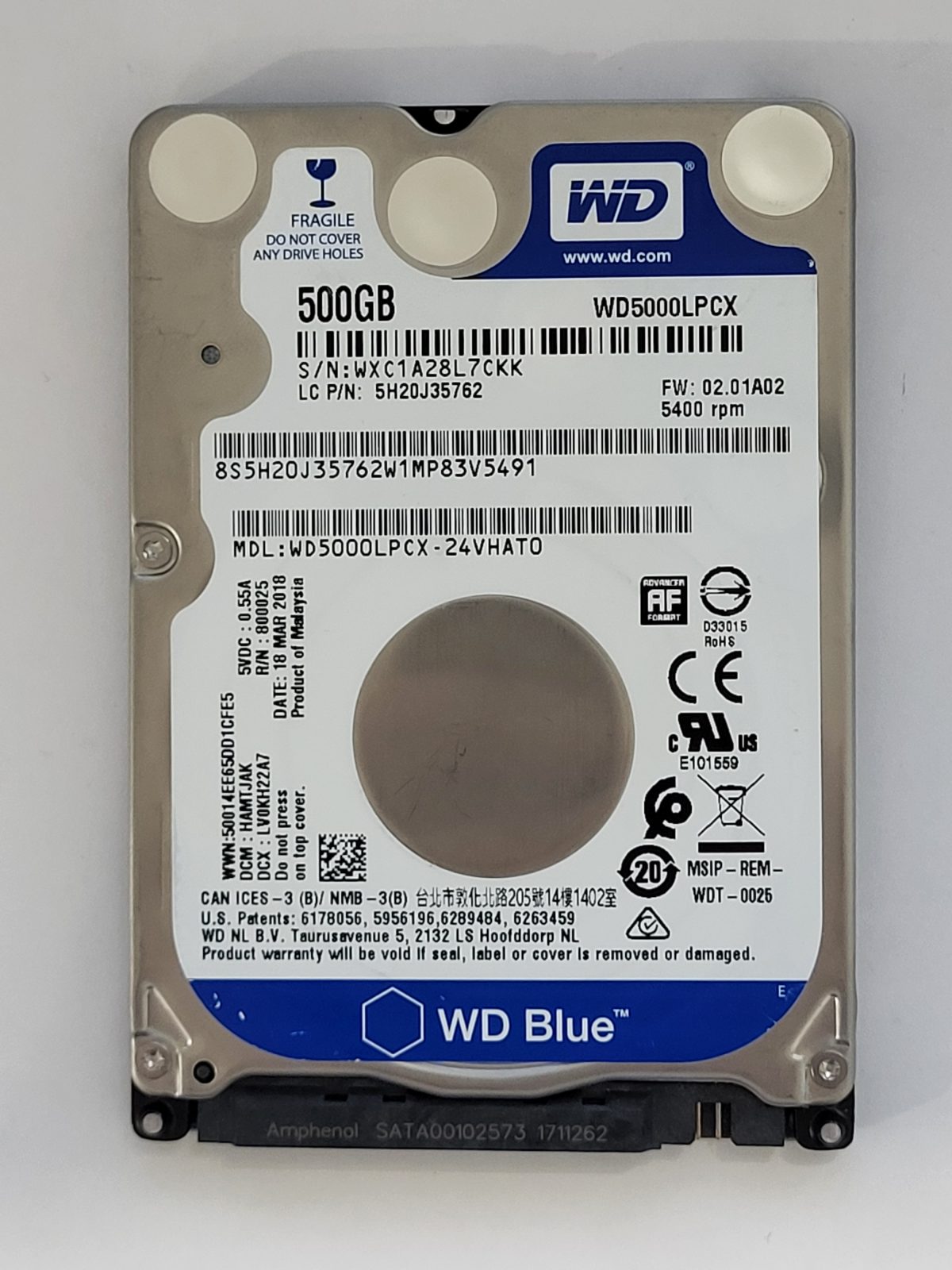 WD5000LPCX-24VHAT0, DCM: HAMTJAK, 18 MAR 2018 | WD 500Go 2,5" SATA HDD STK