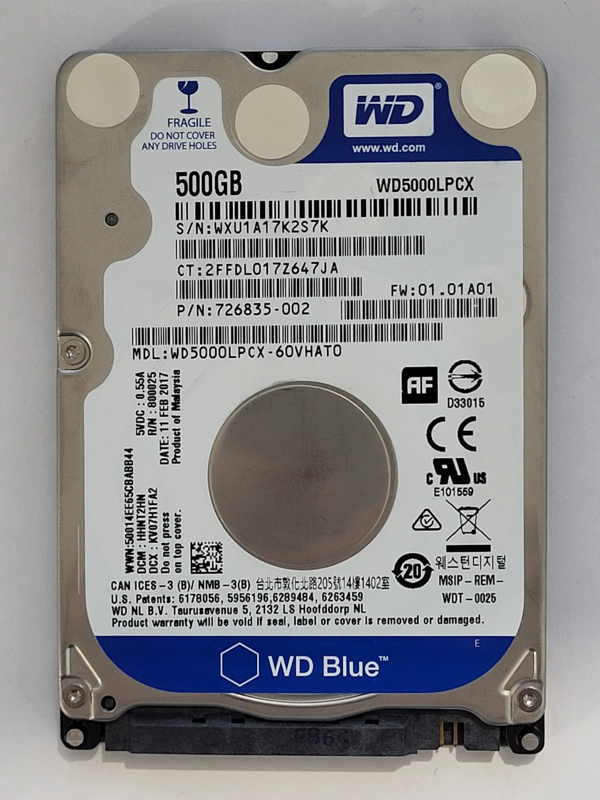 WD5000LPCX-60VHAT0, DCM: HHNT2HN, 11 FEB 2017 | WD 500Go 2,5" SATA HDD STK