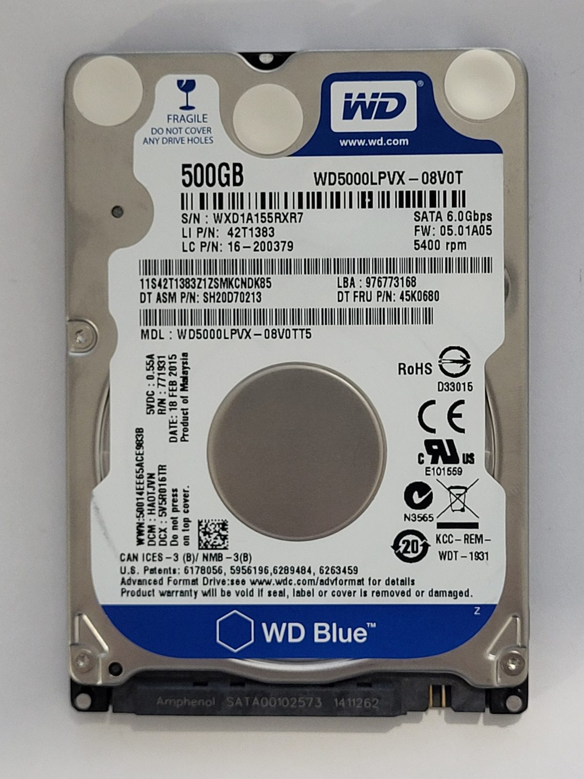 WD5000LPVX-08V0TT5, DCM: HAOTJVN, 18 FEB 2015 | WD 500Go 2,5" SATA HDD STK