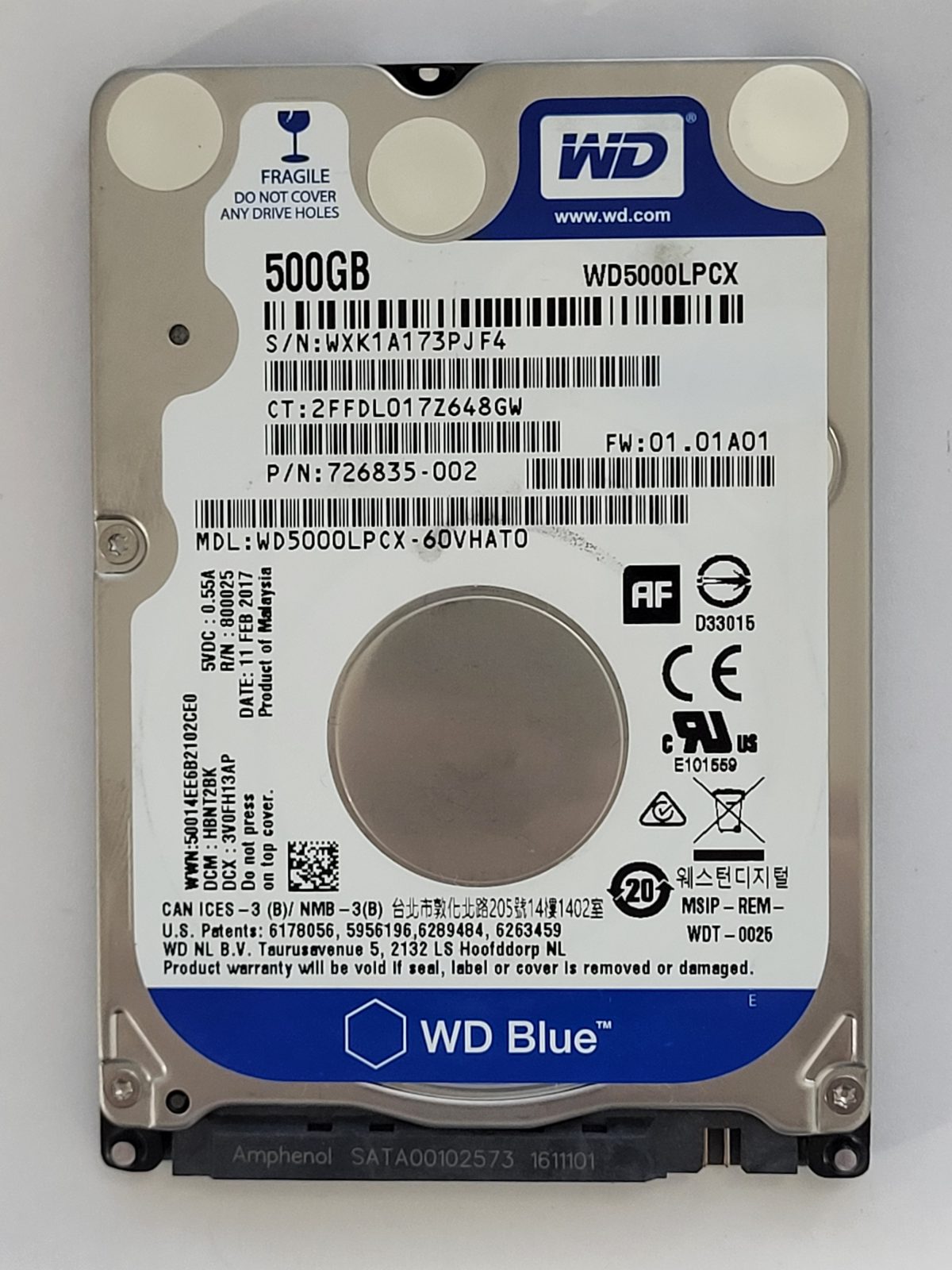 WD5000LPCX-60VHAT0, DCM: HBNT2BK, 11 FEB 2017 | WD 500Go 2,5" SATA HDD STK