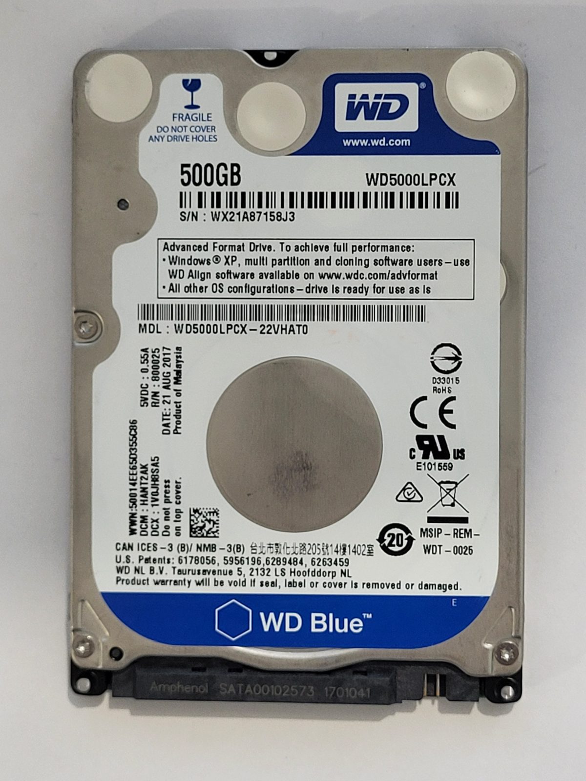 WD5000LPCX-22VHAT0, DCM: HANT2AK, 21 AUG 2017 | WD 500Go 2,5" SATA HDD STK