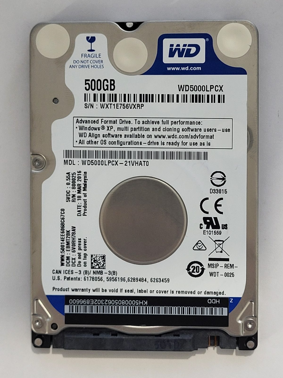 WD5000LPCX-21VHAT0, DCM: EBMT2BK, 18 MAR 2016 | WD 500Go 2,5" SATA HDD STK