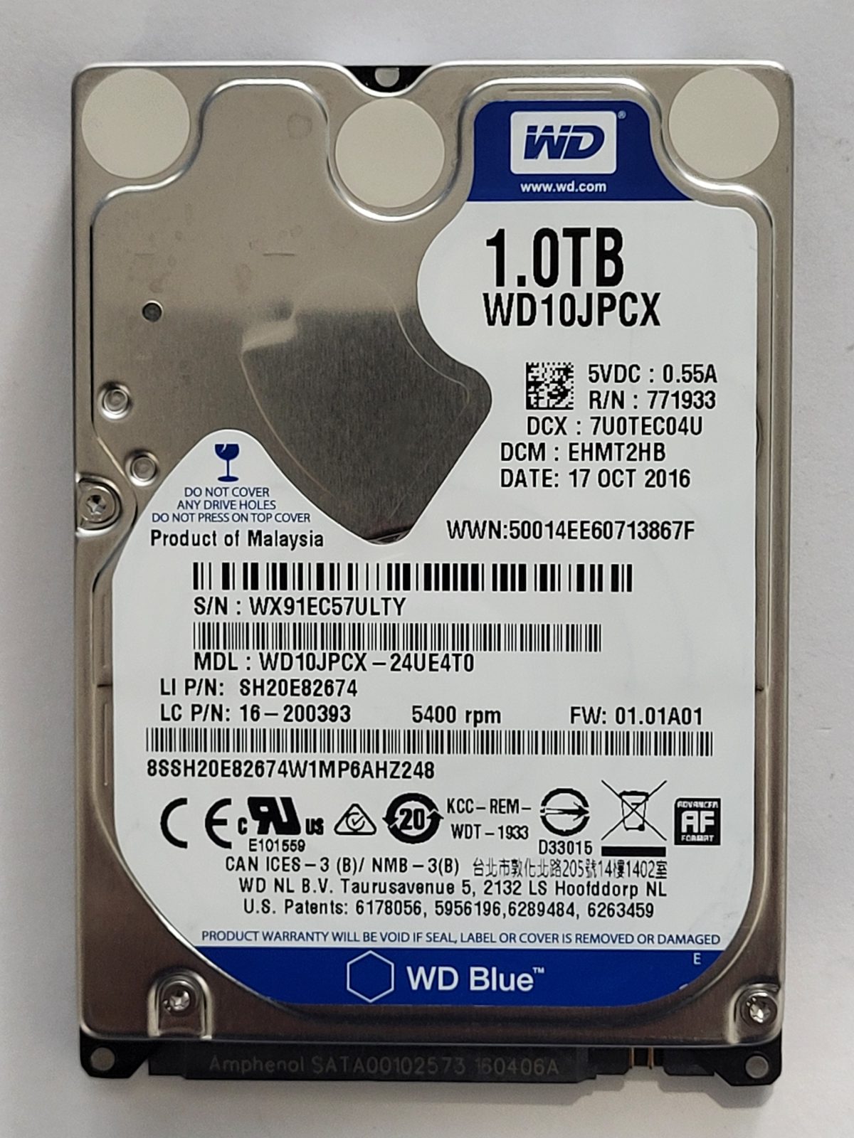 WD10JPCX-24UE4T0, DCM: EHMT2HB, 17 OCT 2016 | WD 1To 2,5" SATA HDD STK