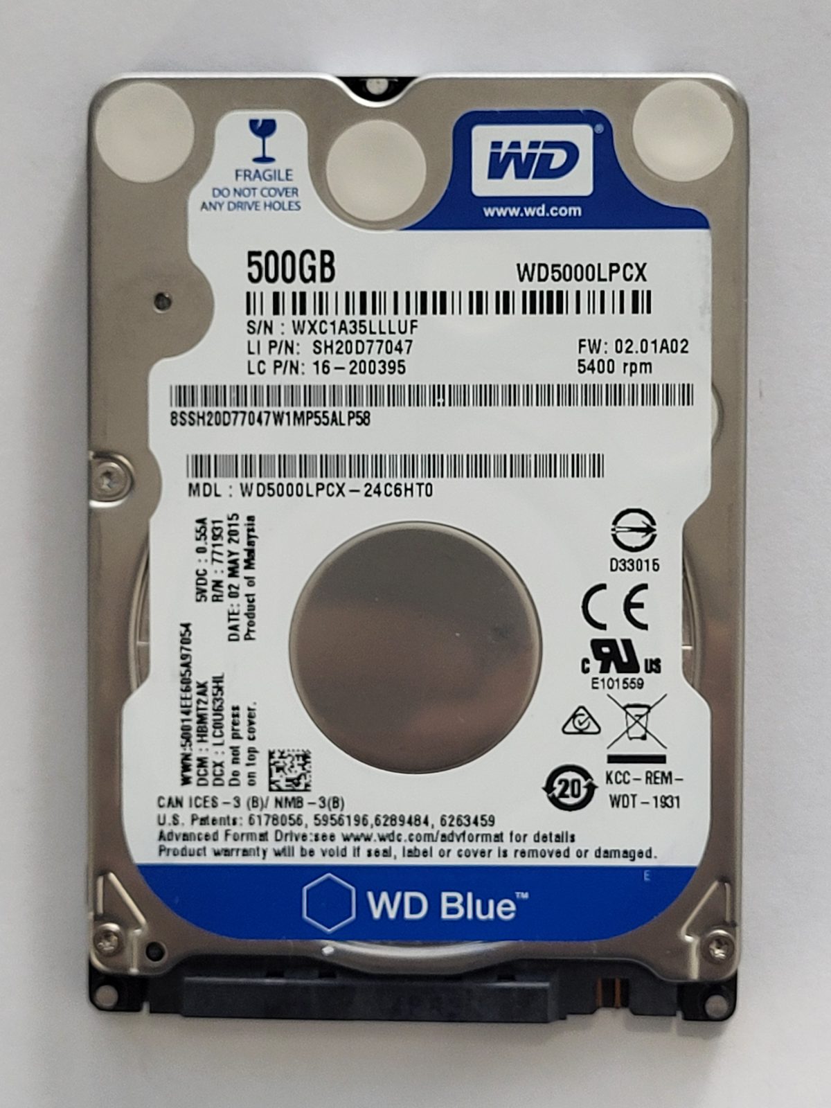 WD5000LPCX-24C6HT0, DCM: HBMT2AK, 02 MAY 2015 | WD 500Go 2,5" SATA HDD STK