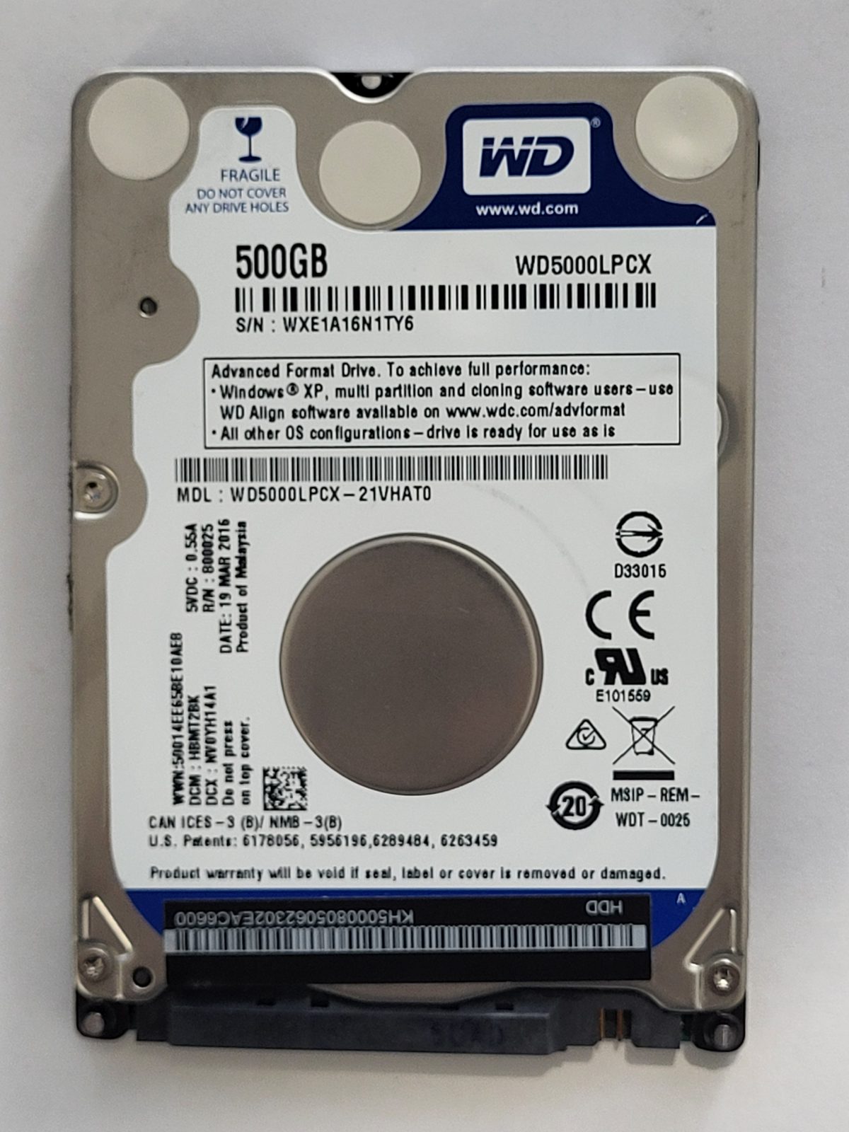 WD5000LPCX-21VHAT0, DCM: HBMT2BK, 19 MAR 2016 | WD 500Go 2,5" SATA HDD STK