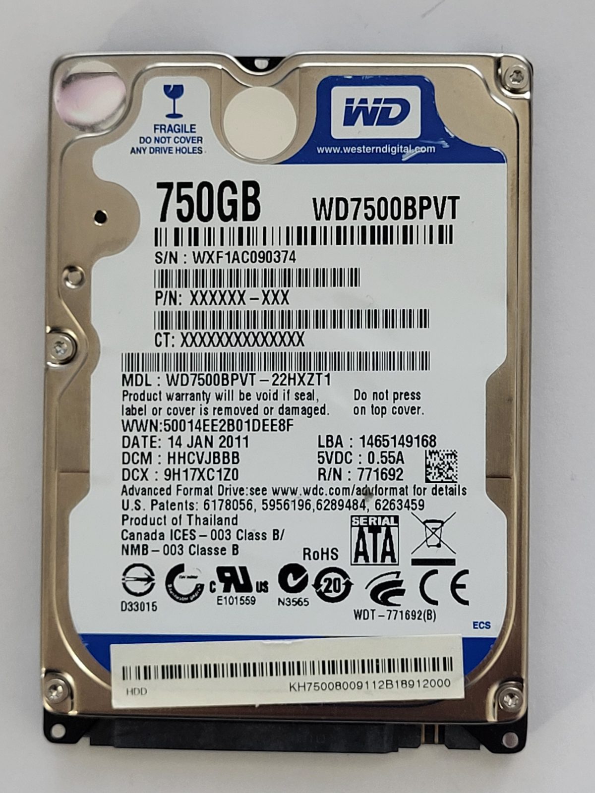 WD7500BPVT-22HXZT1, DCM: HHCVJBBB, 14 JAN 2011 | WD 750Go 2,5" SATA HDD STK