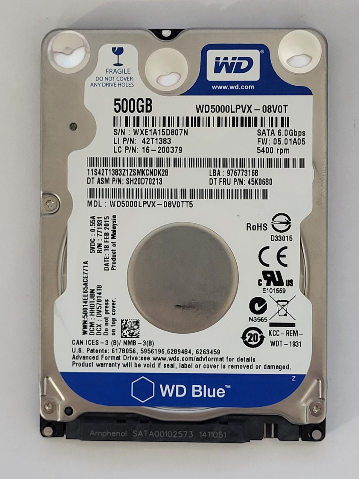 WD5000LPVX-08V0TT5, DCM: HHOTJBN, 18 FEB 2015 | WD 500Go 2,5" SATA HDD STK