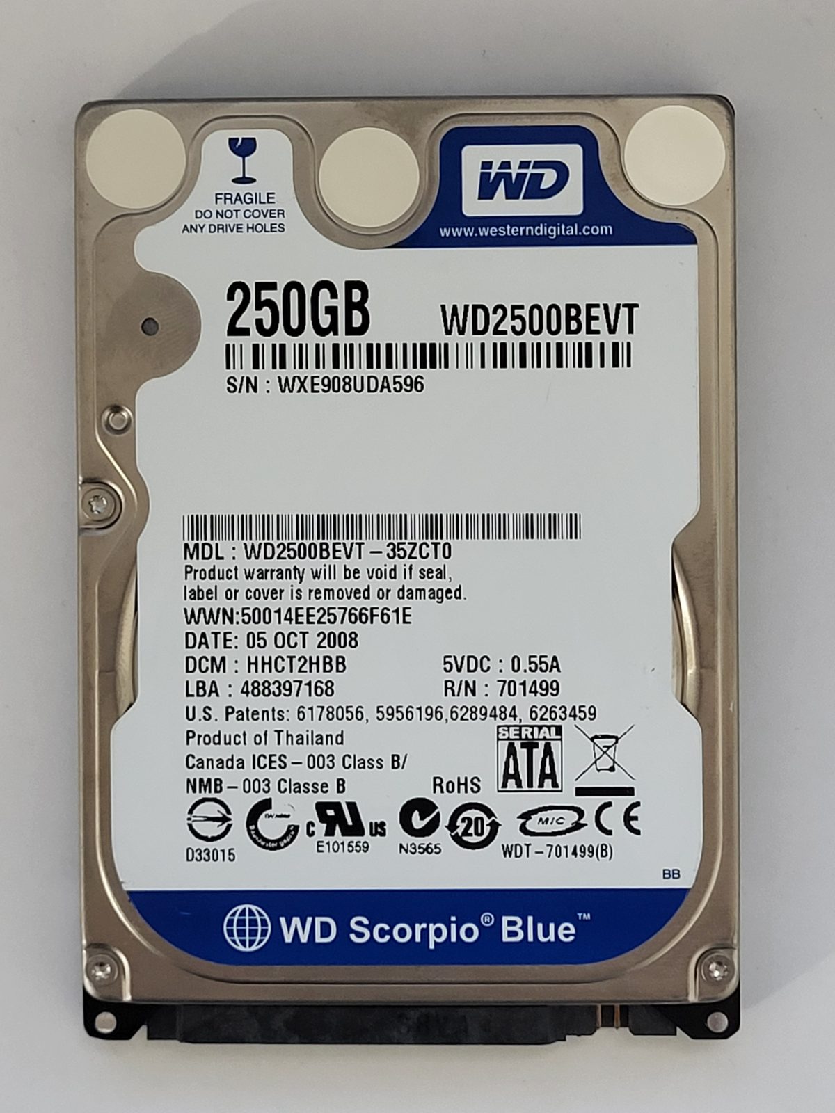 WD2500BEVT-35ZCT0, DCM: HHCT2HBB, 05 OCT 2008 | WD 250Go 2,5" SATA HDD STK