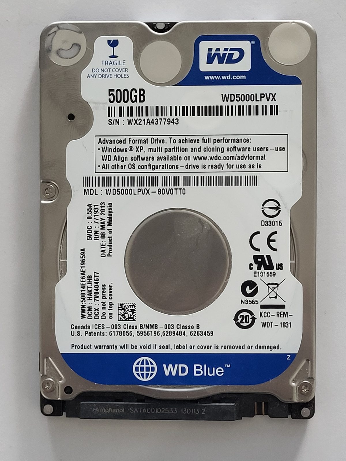 WD5000LPVX-80V0TT0, DCM: HAKTJHB, 08 MAY 2013 | WD 500Go 2,5" SATA HDD STK